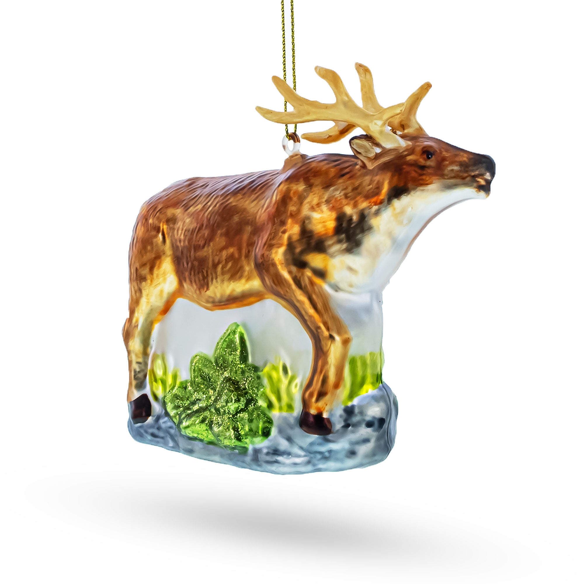 Reindeer on Grass Glass Christmas Ornament