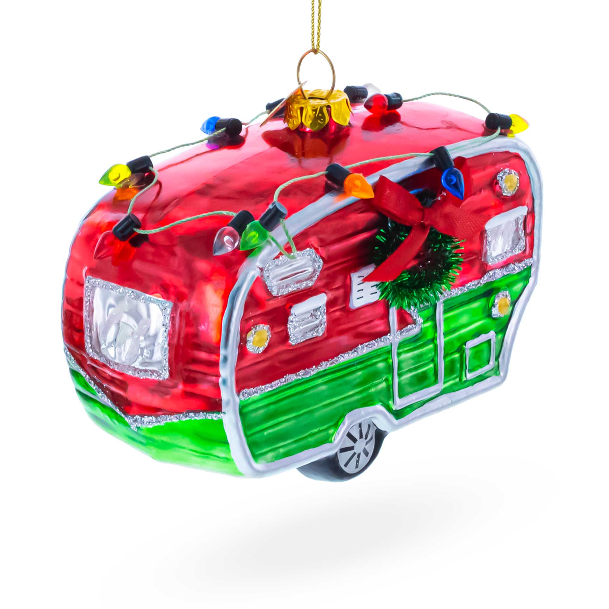 Camper Trailer with Lights Glass Christmas Ornament