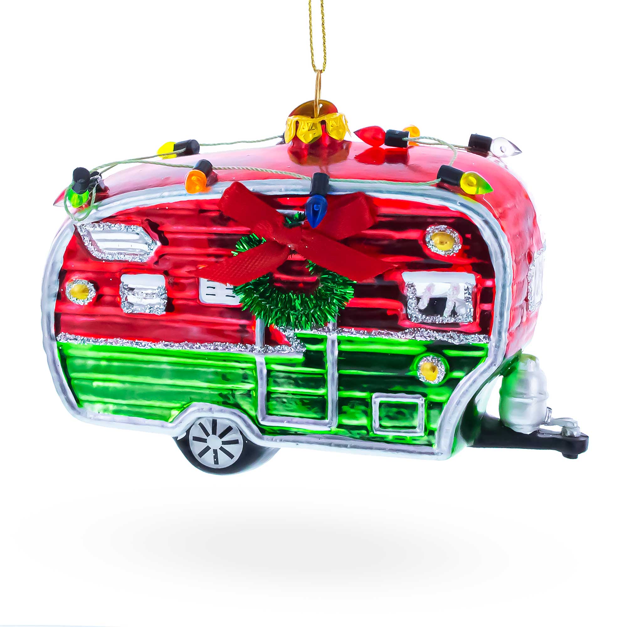 Camper Trailer with Lights Glass Christmas Ornament