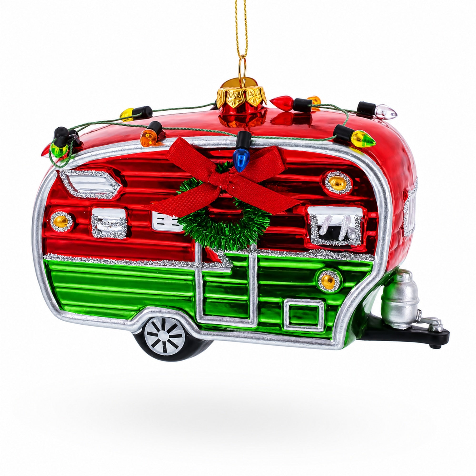 Camper Trailer with Lights Glass Christmas Ornament