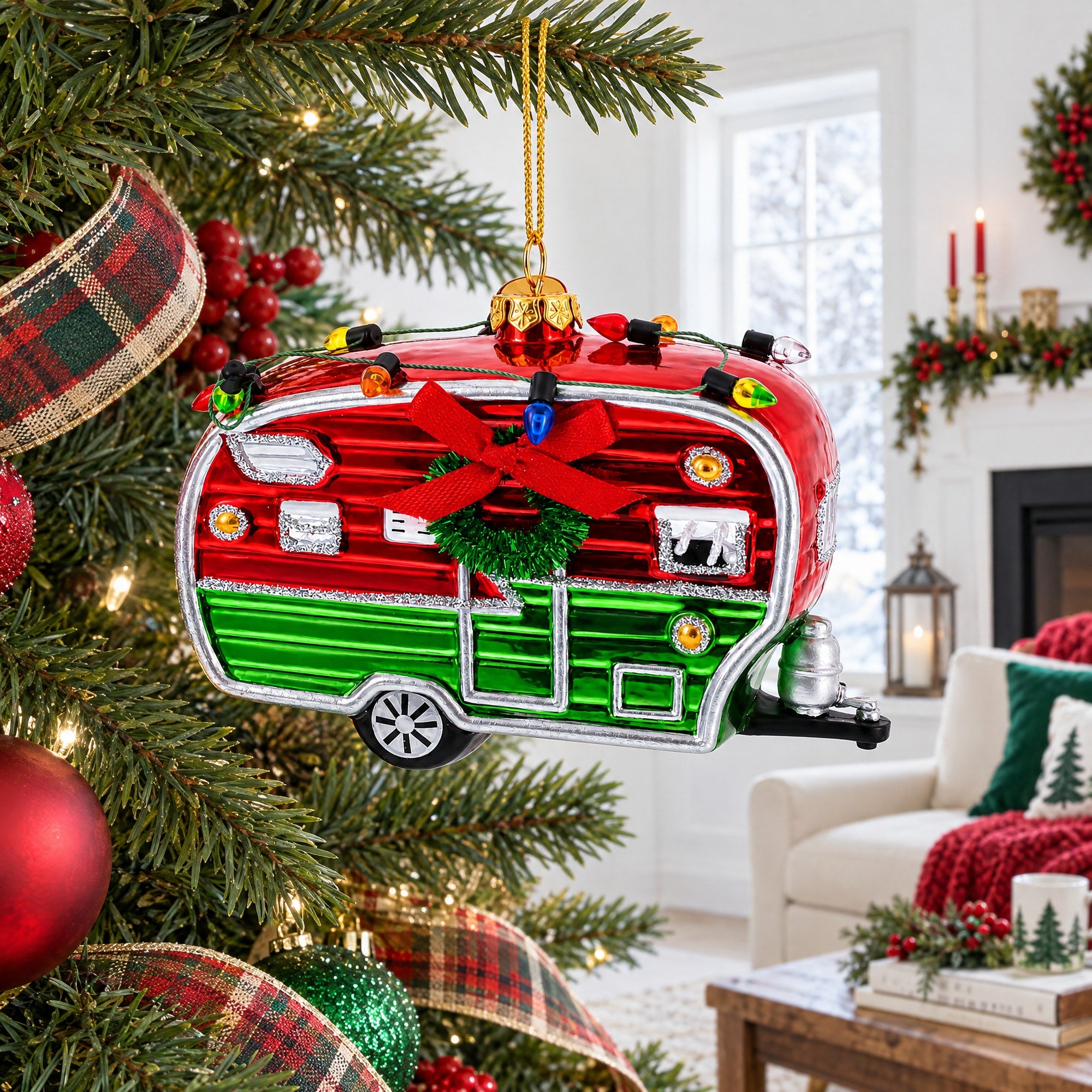 Camper Trailer with Lights Glass Christmas Ornament