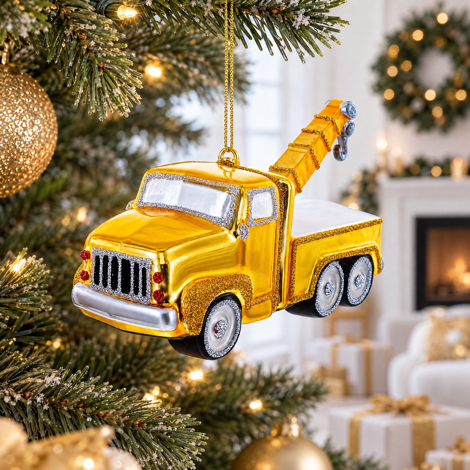 Tow Truck Glass Christmas Ornament