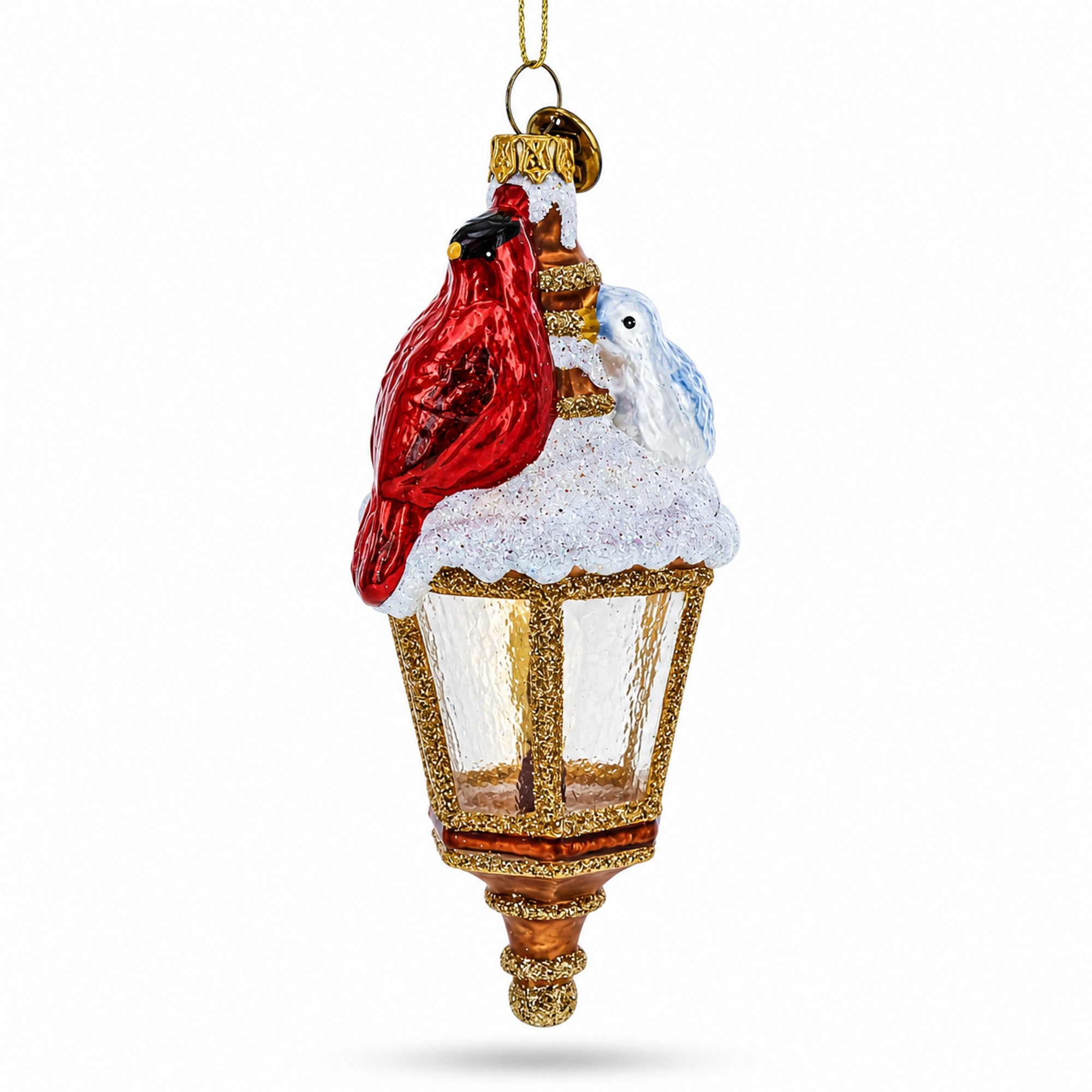Red Cardinal Perched on Lantern Glass Christmas Ornament