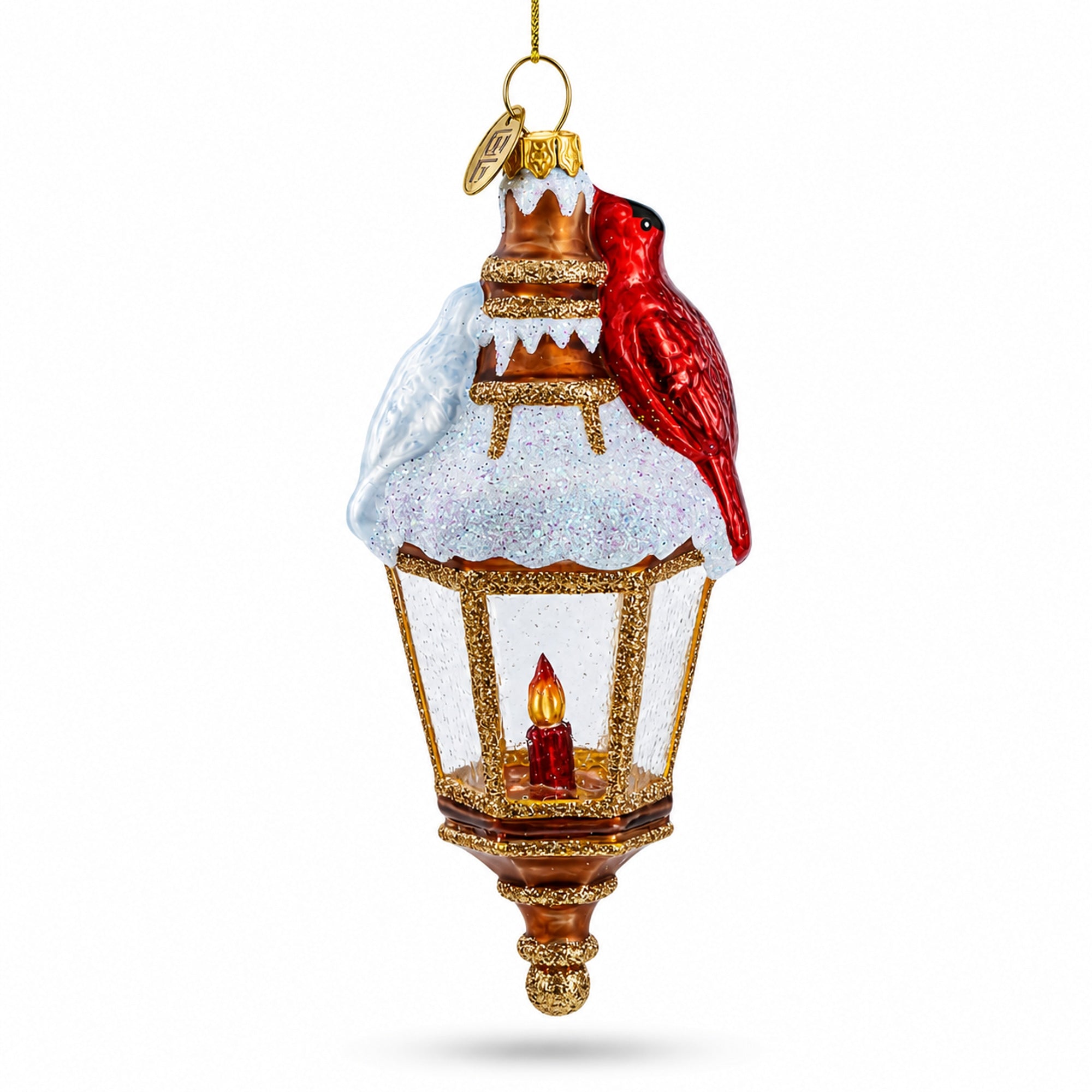 Red Cardinal Perched on Lantern Glass Christmas Ornament