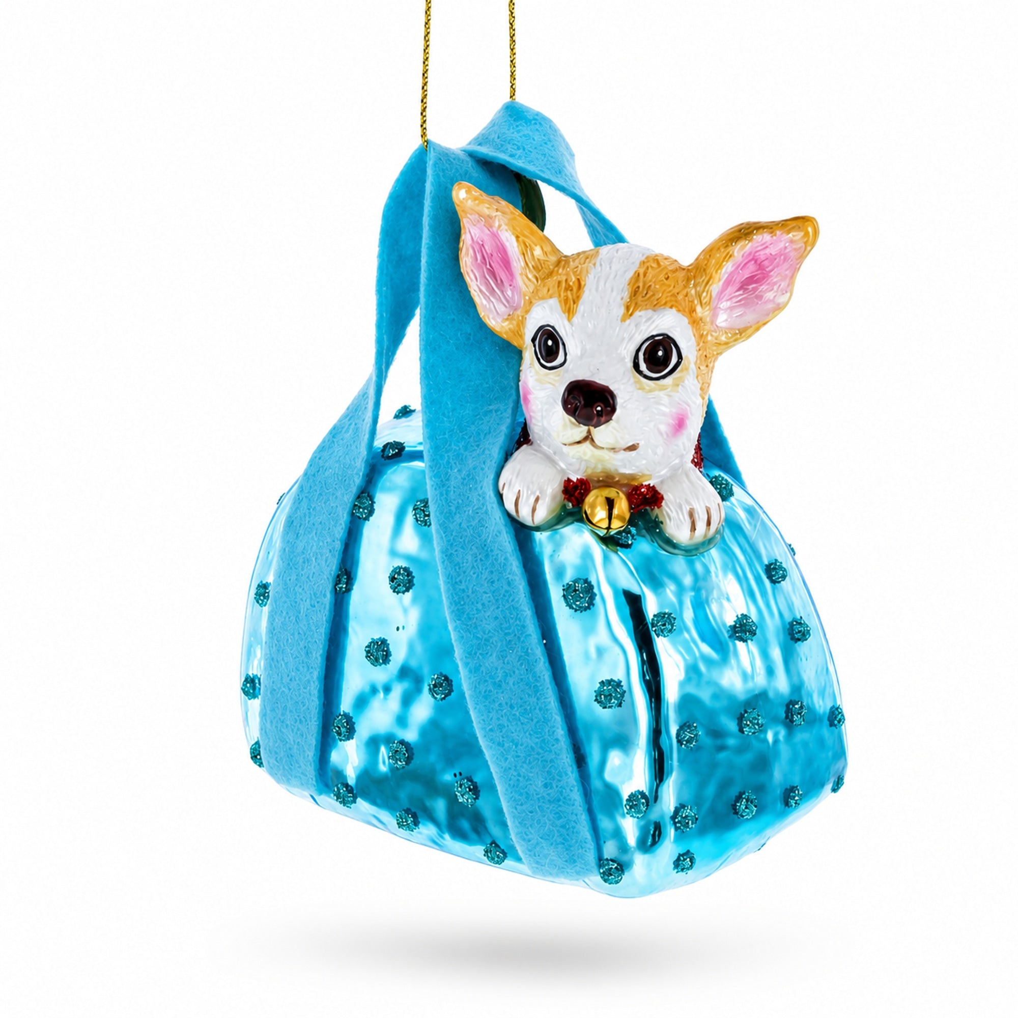 Dog in Blue Handbag Glass Christmas Ornament
