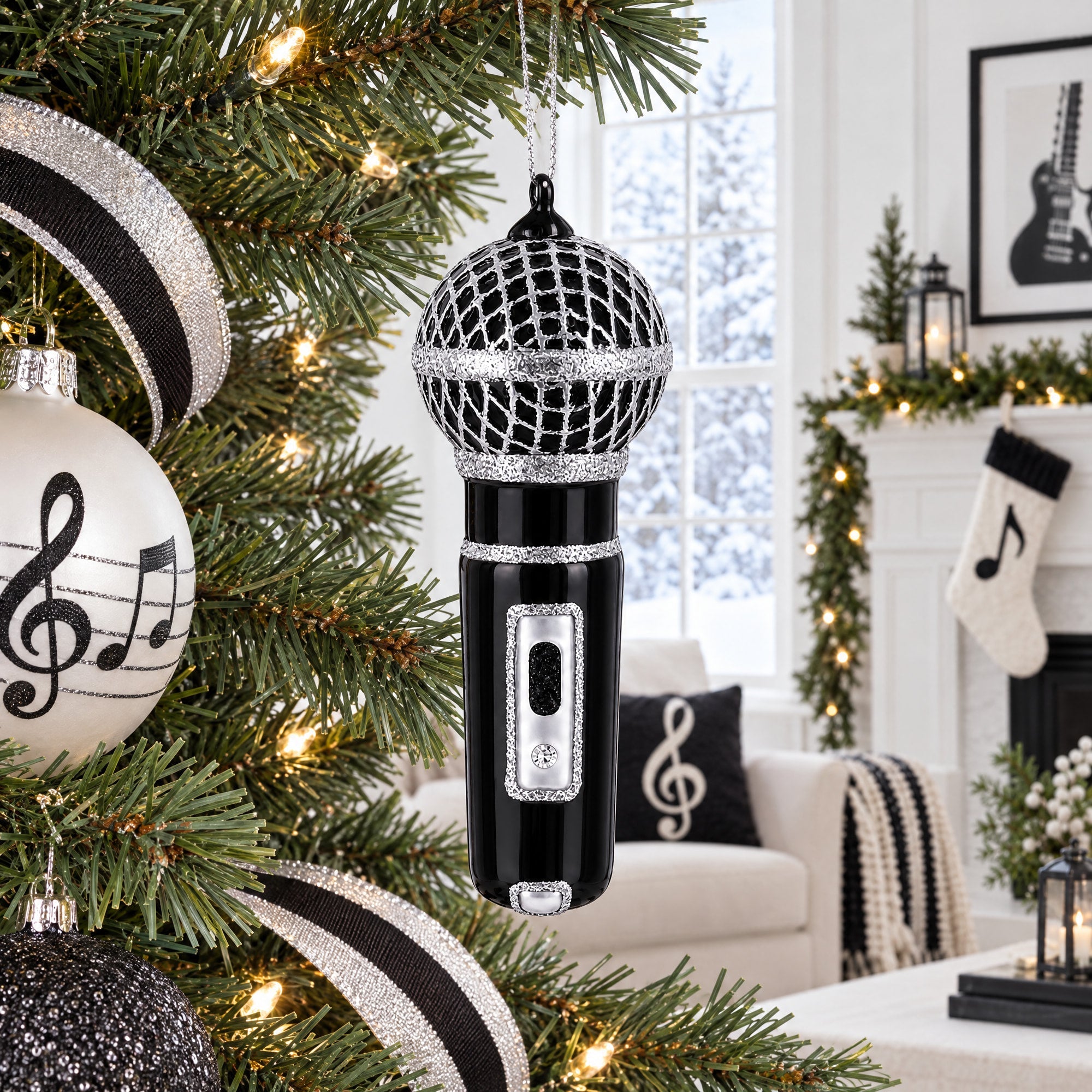 Black Microphone Glass Christmas Ornament