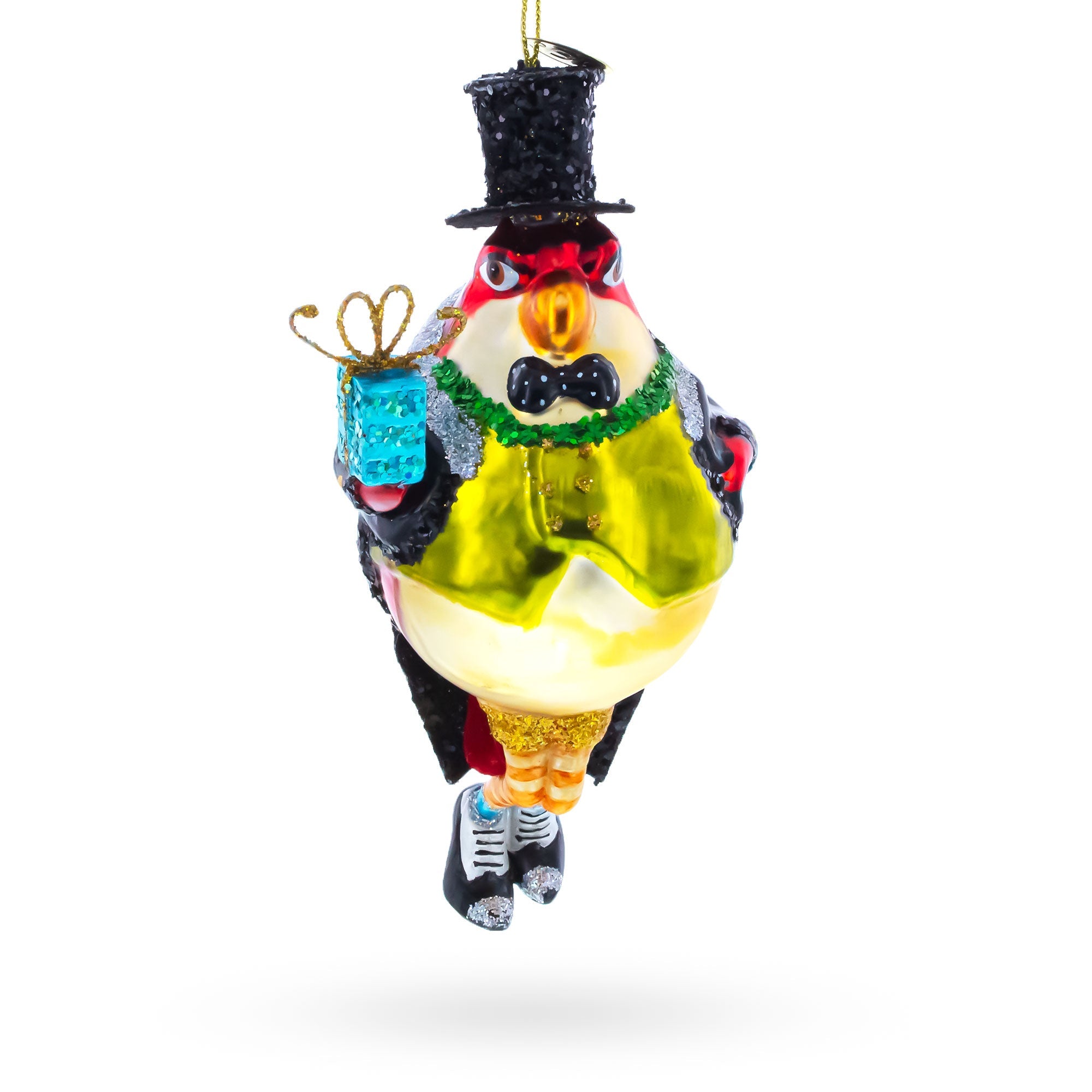 Penguin in Black Hat Glass Christmas Ornament