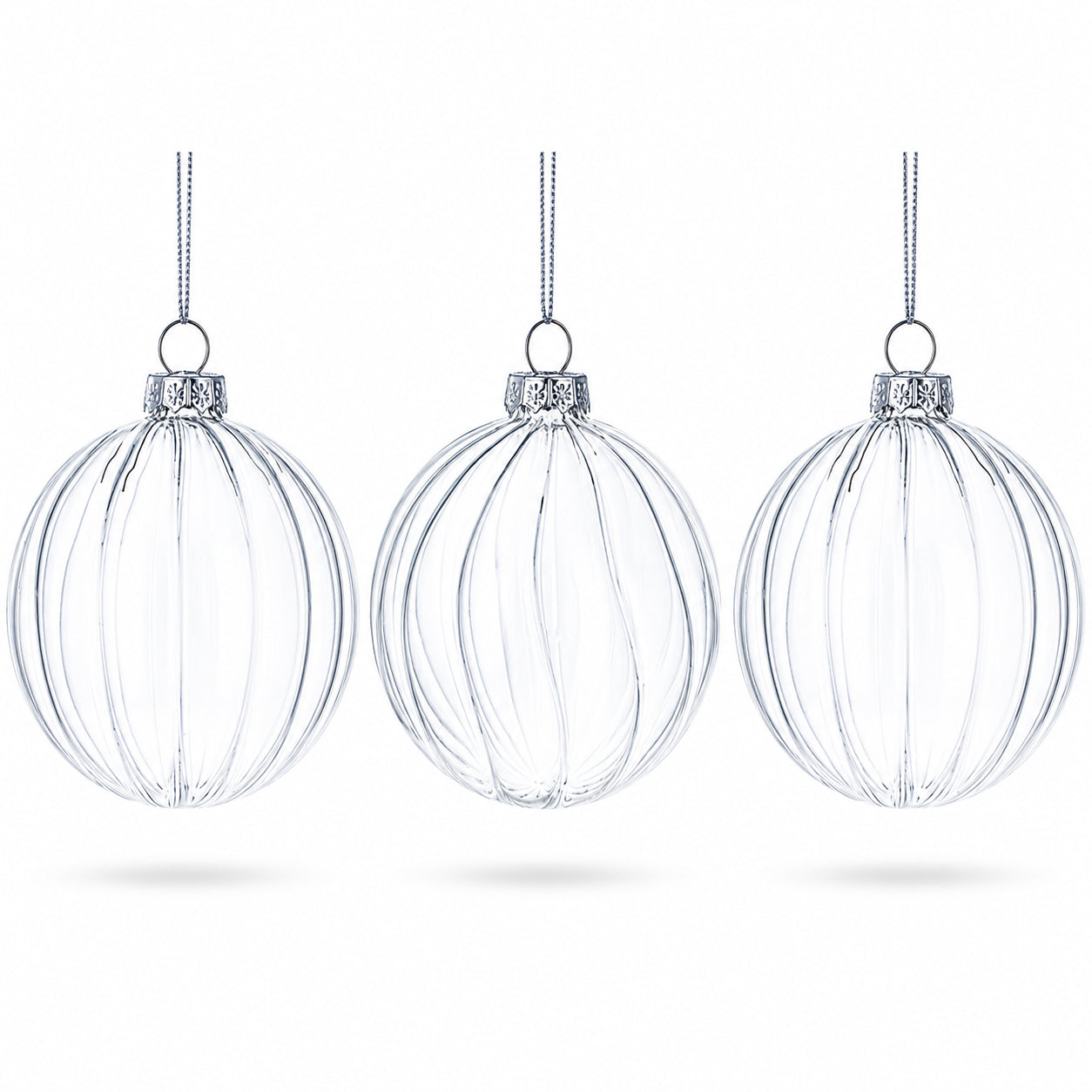 Elegant Set of 3 Striped Clear Glass Ball Christmas Ornaments 3.5 Inches