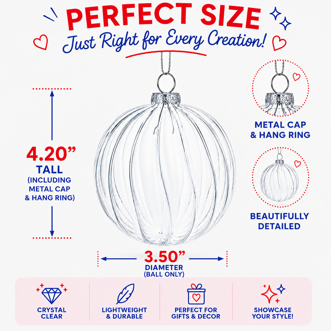 Elegant Set of 3 Striped Clear Glass Ball Christmas Ornaments 3.5 Inches