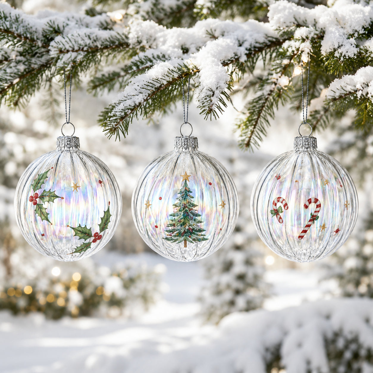 Set of 3 Iridescent Clear Glass Ball Christmas Ornaments 3.6 Inches