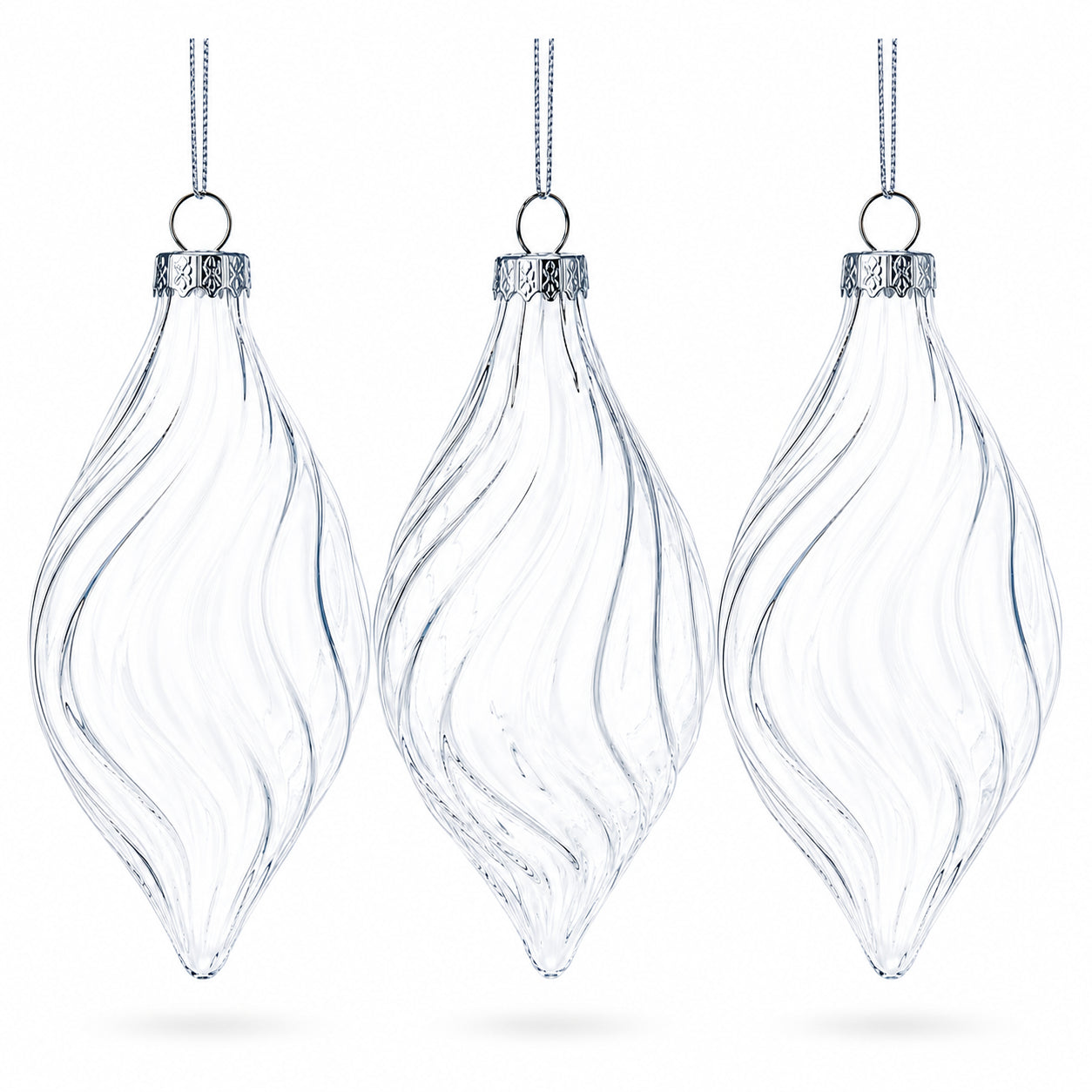 Set of 3 Clear Glass Swirl Christmas Ornaments 5.8 Inches
