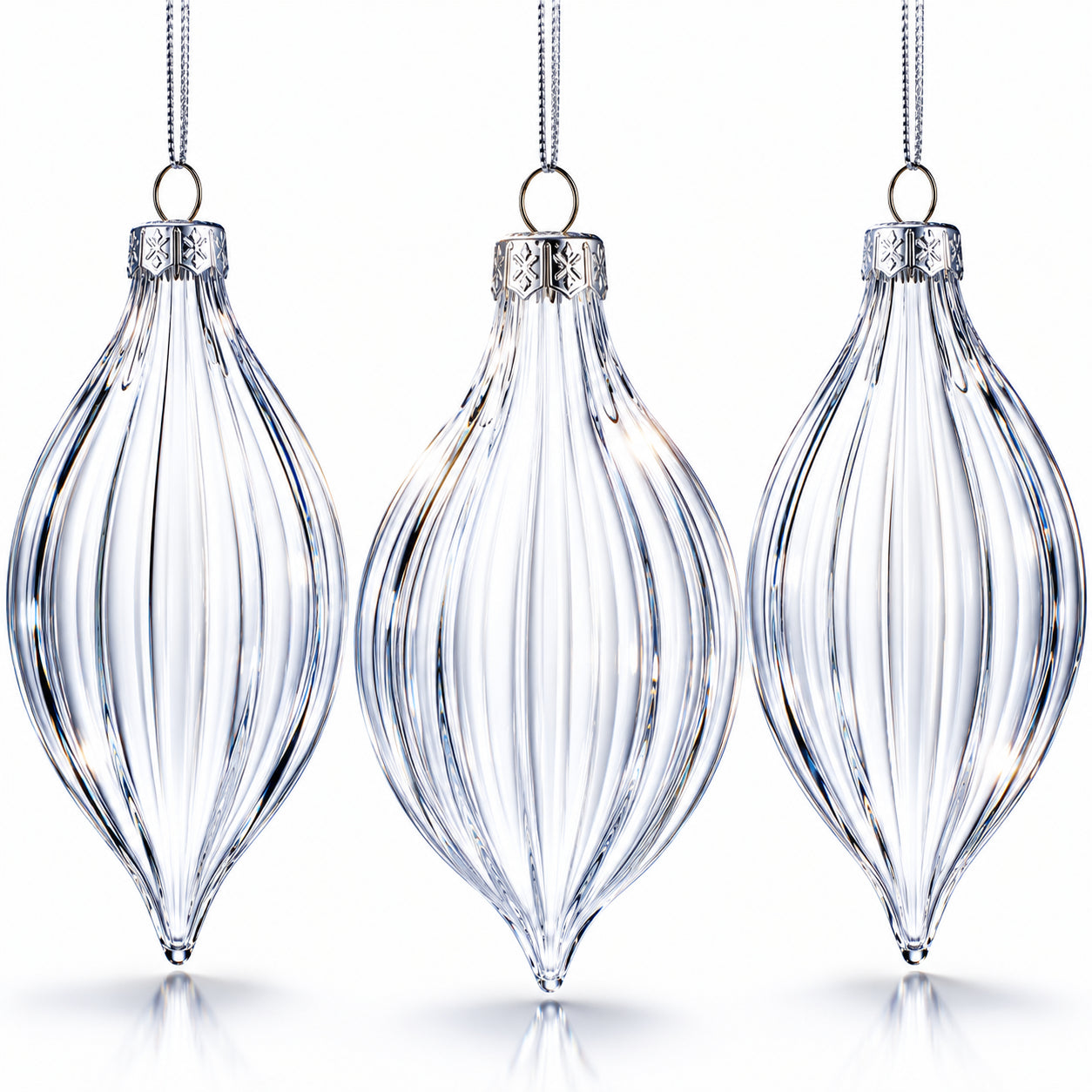 Set of 3 Striped Rhombus Finial Clear Glass Ornament 5.8 Inches