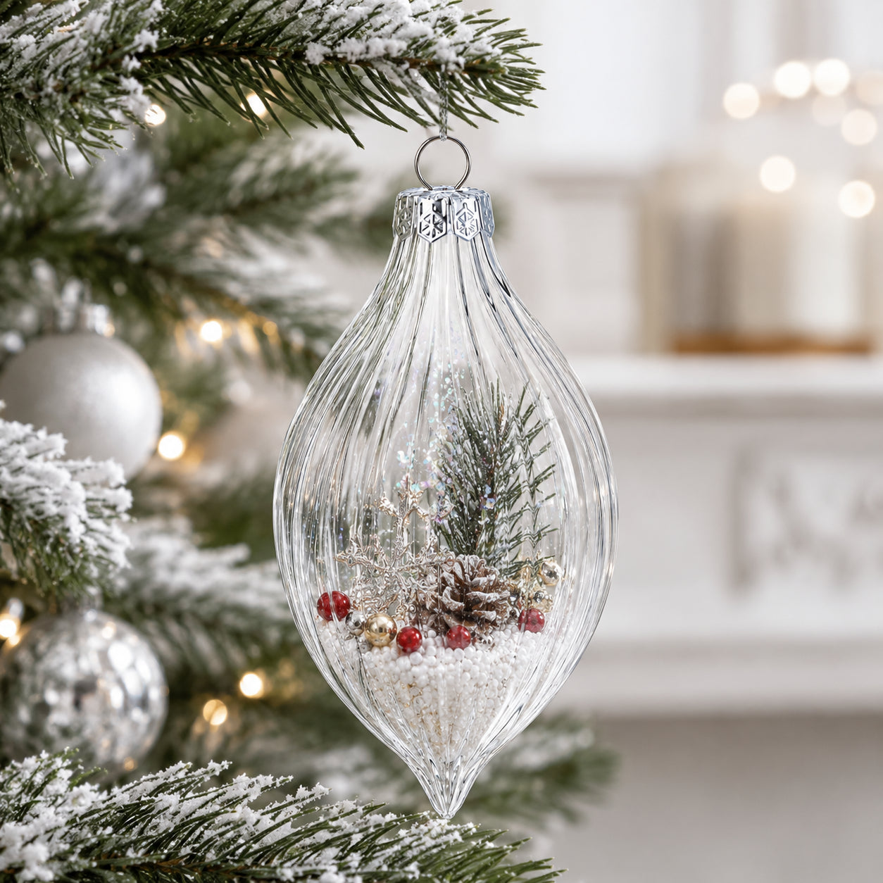 Set of 3 Striped Rhombus Finial Clear Glass Ornament 5.8 Inches