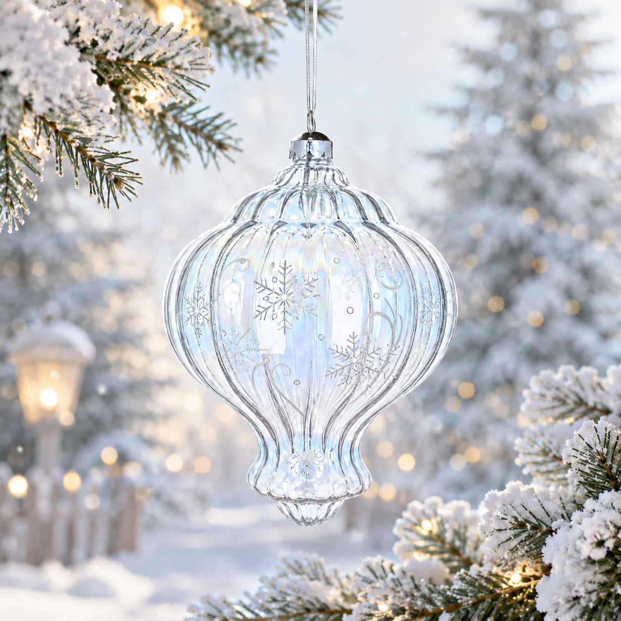 Lantern Shape Finial Clear Iridescent Glass Christmas Ornament 5.3 Inches