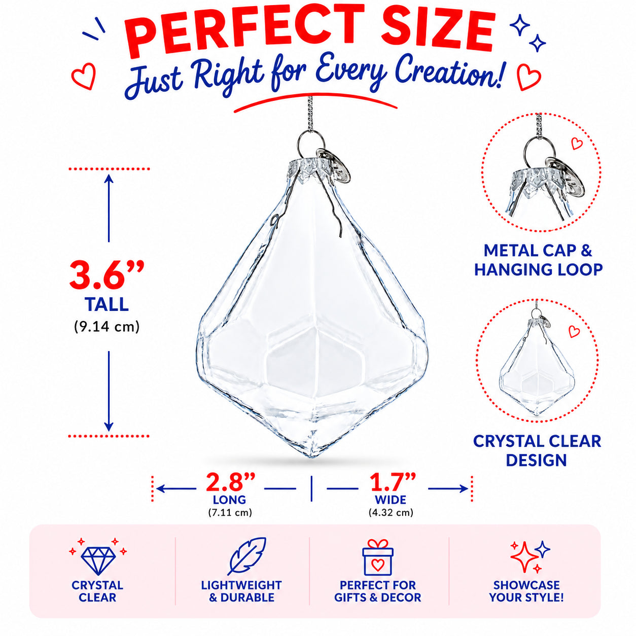 Diamond Shape Clear Glass Christmas Ornament 3.6 Inches