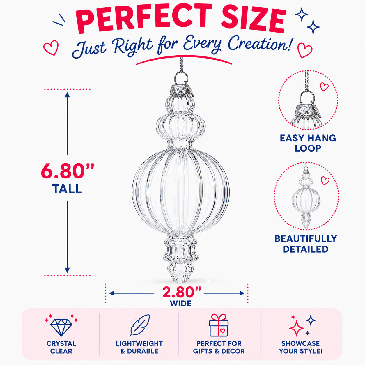 Triple Finial Clear Glass Christmas Ornament 6.7 Inches (170 mm)