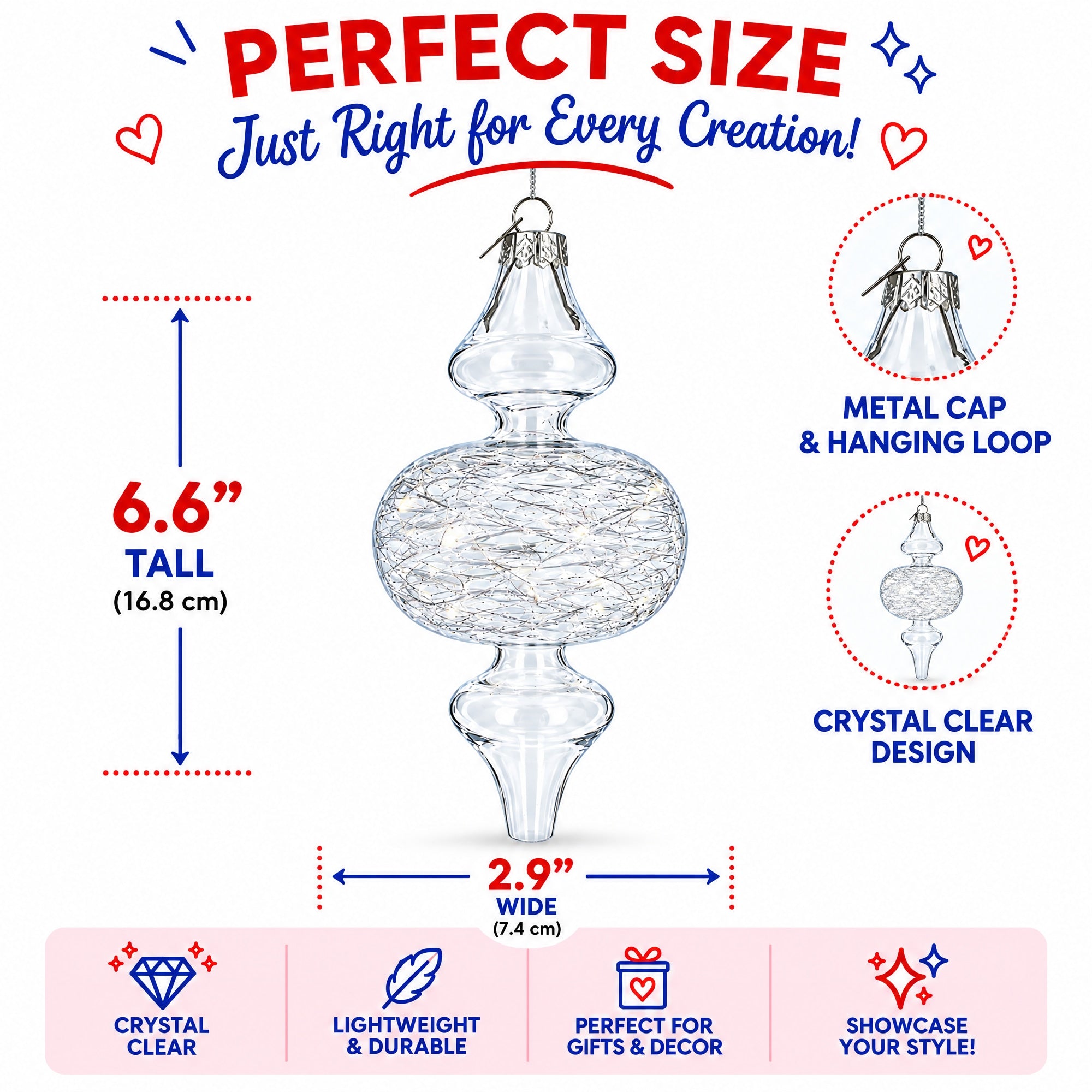 Triple Oval Finial Clear Glass Christmas Ornament 6.6 Inches