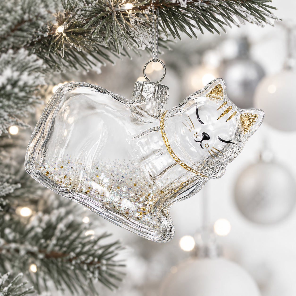 Cat in Scarf Clear Glass Christmas Ornament