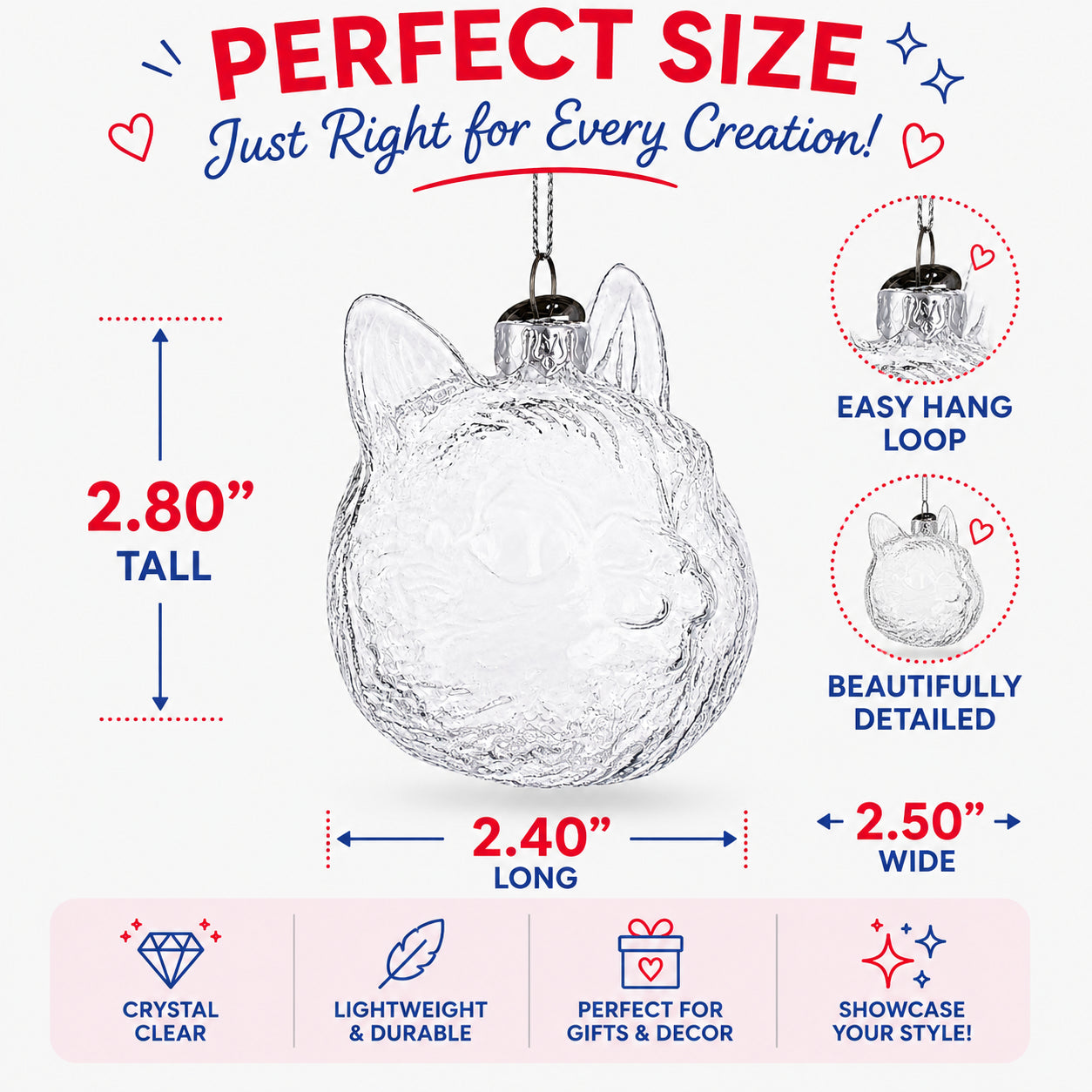 Mini Cat Head Clear Glass Christmas Ornament
