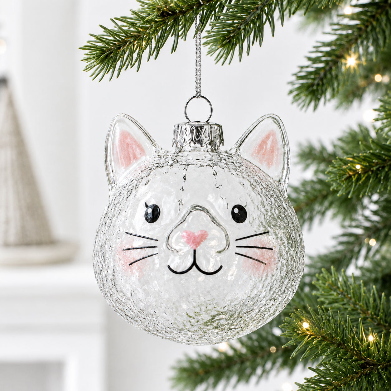 Mini Cat Head Clear Glass Christmas Ornament