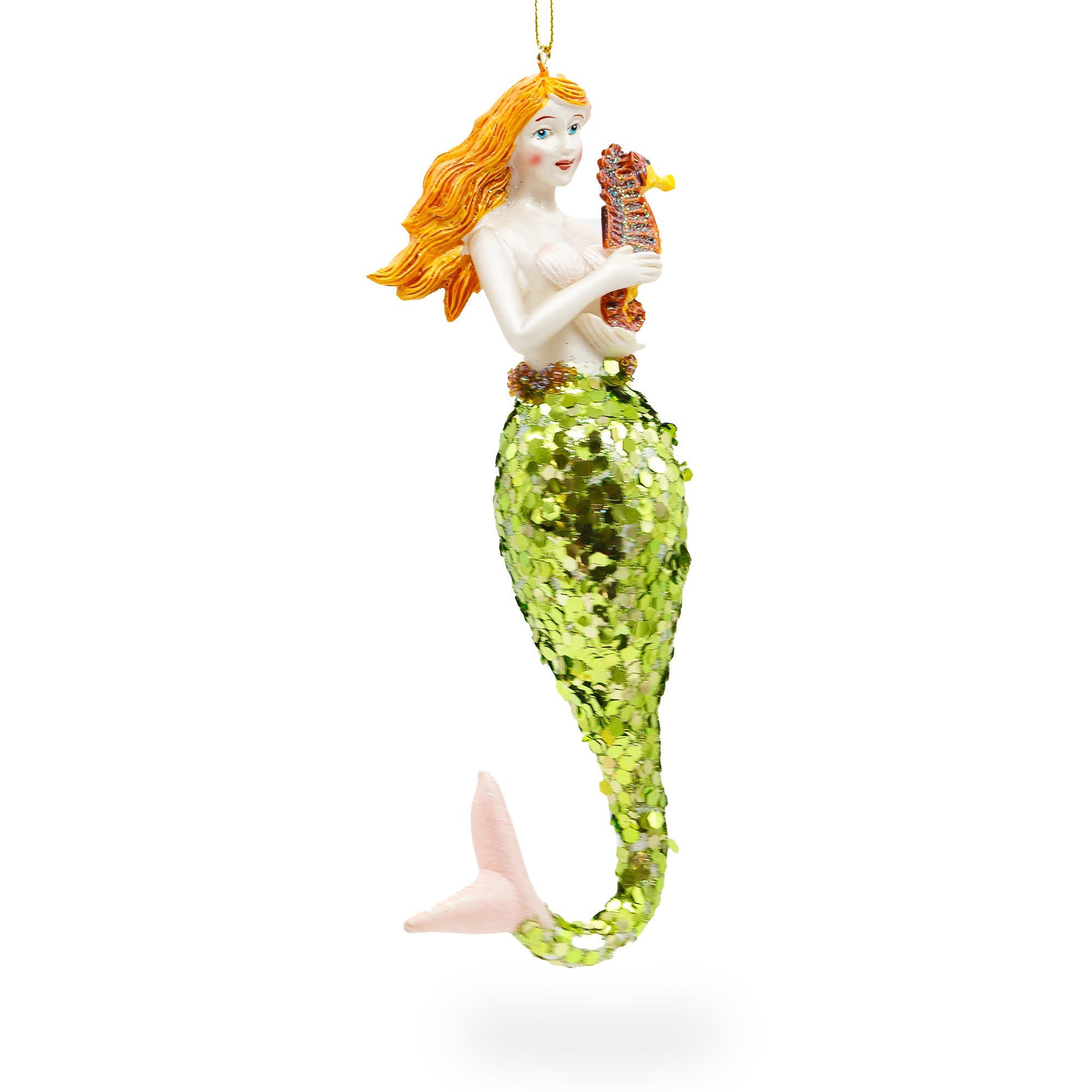 Mermaid Holding Sea Horse Glass Christmas Ornament