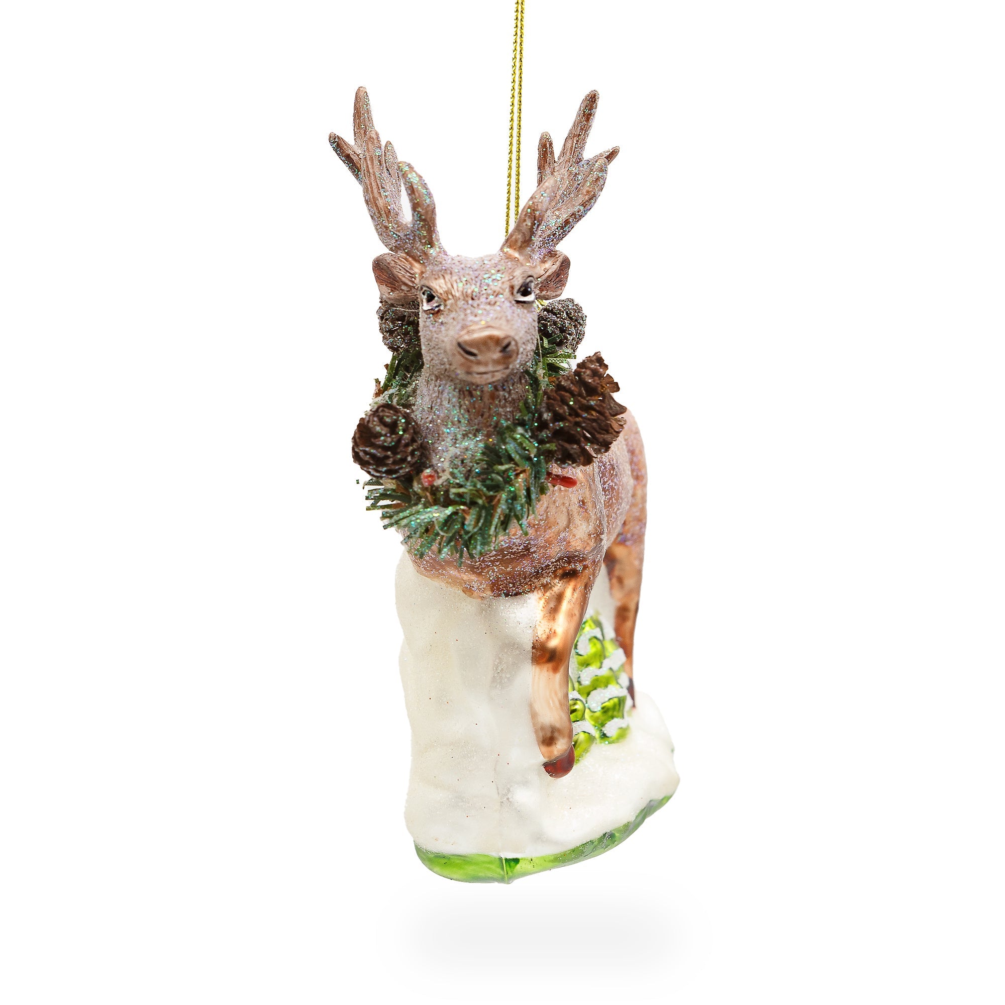 Reindeer with Pine Garland and Snowy Trees Glass Christmas Ornament