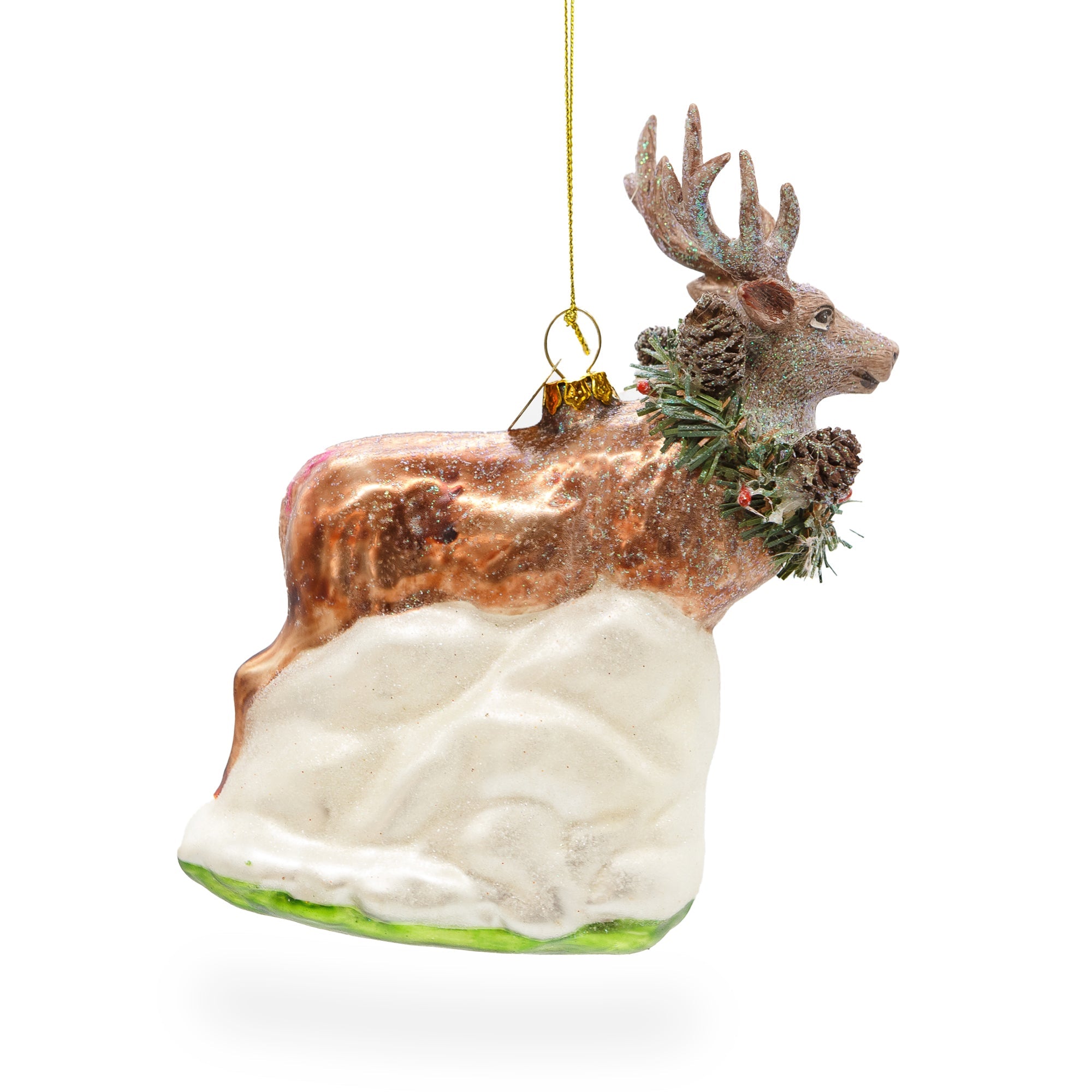 Reindeer with Pine Garland and Snowy Trees Glass Christmas Ornament