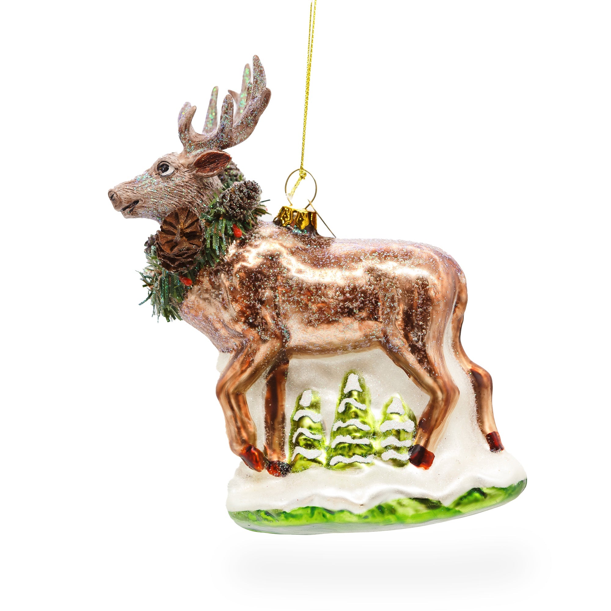 Reindeer with Pine Garland and Snowy Trees Glass Christmas Ornament