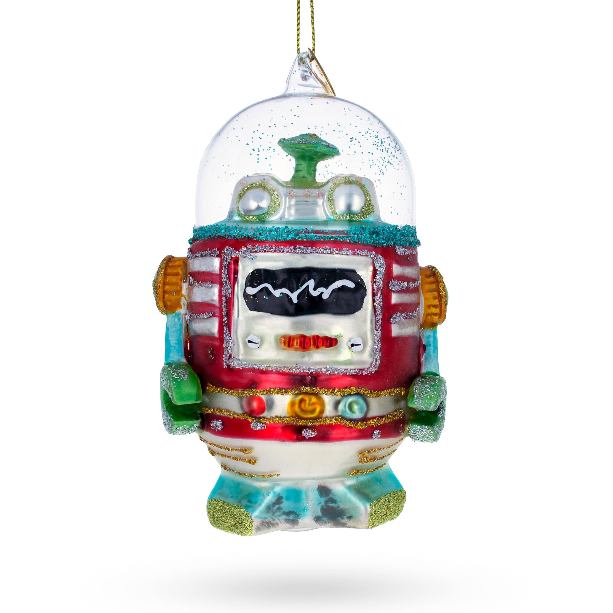 Glittered Robot Glass Christmas Ornament