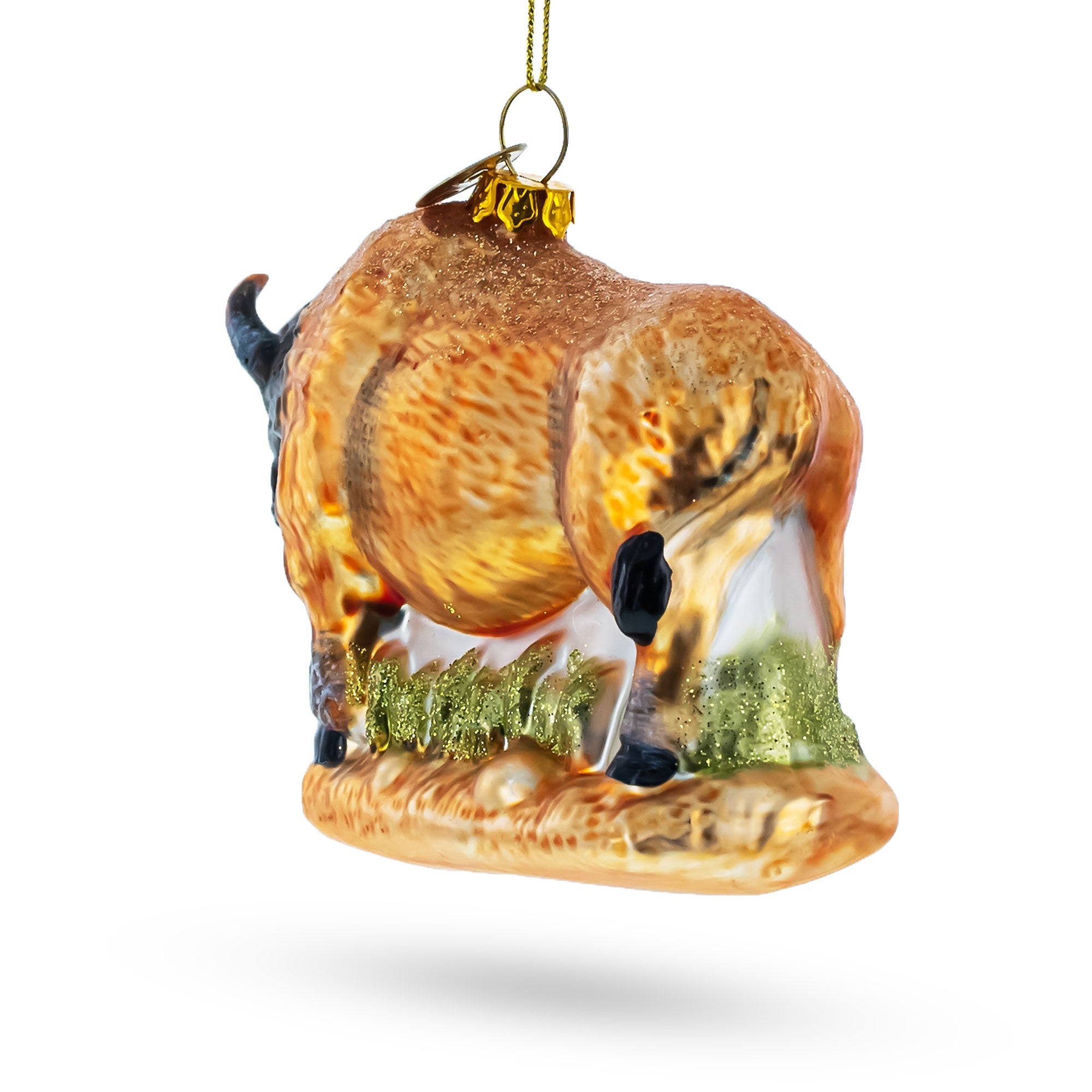 Brown Buffalo on Prairie Grass Glass Christmas Ornament