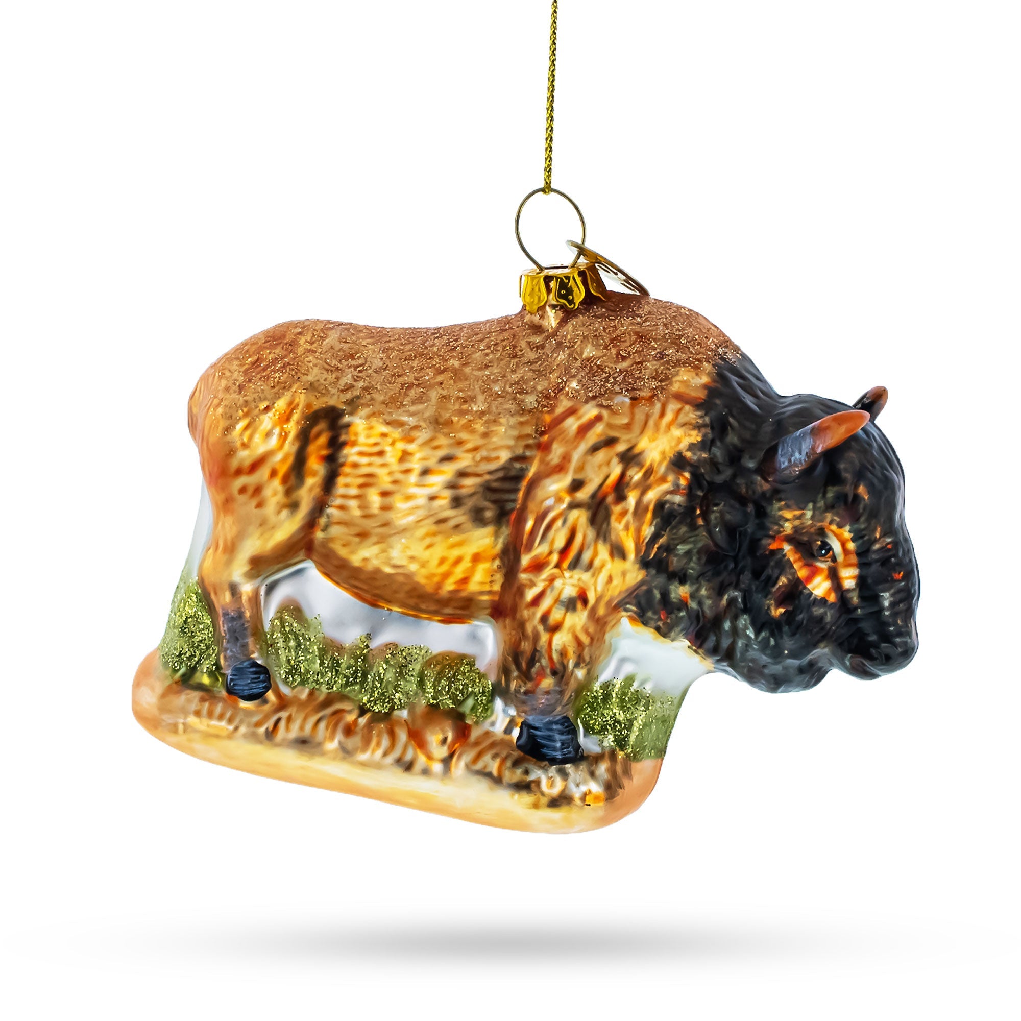 Brown Buffalo on Prairie Grass Glass Christmas Ornament