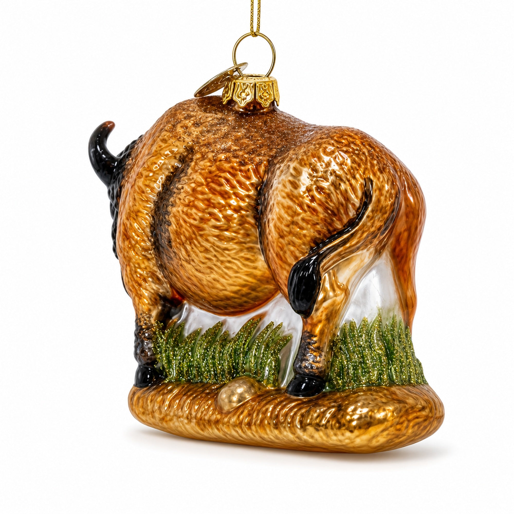 Brown Buffalo on Prairie Grass Glass Christmas Ornament