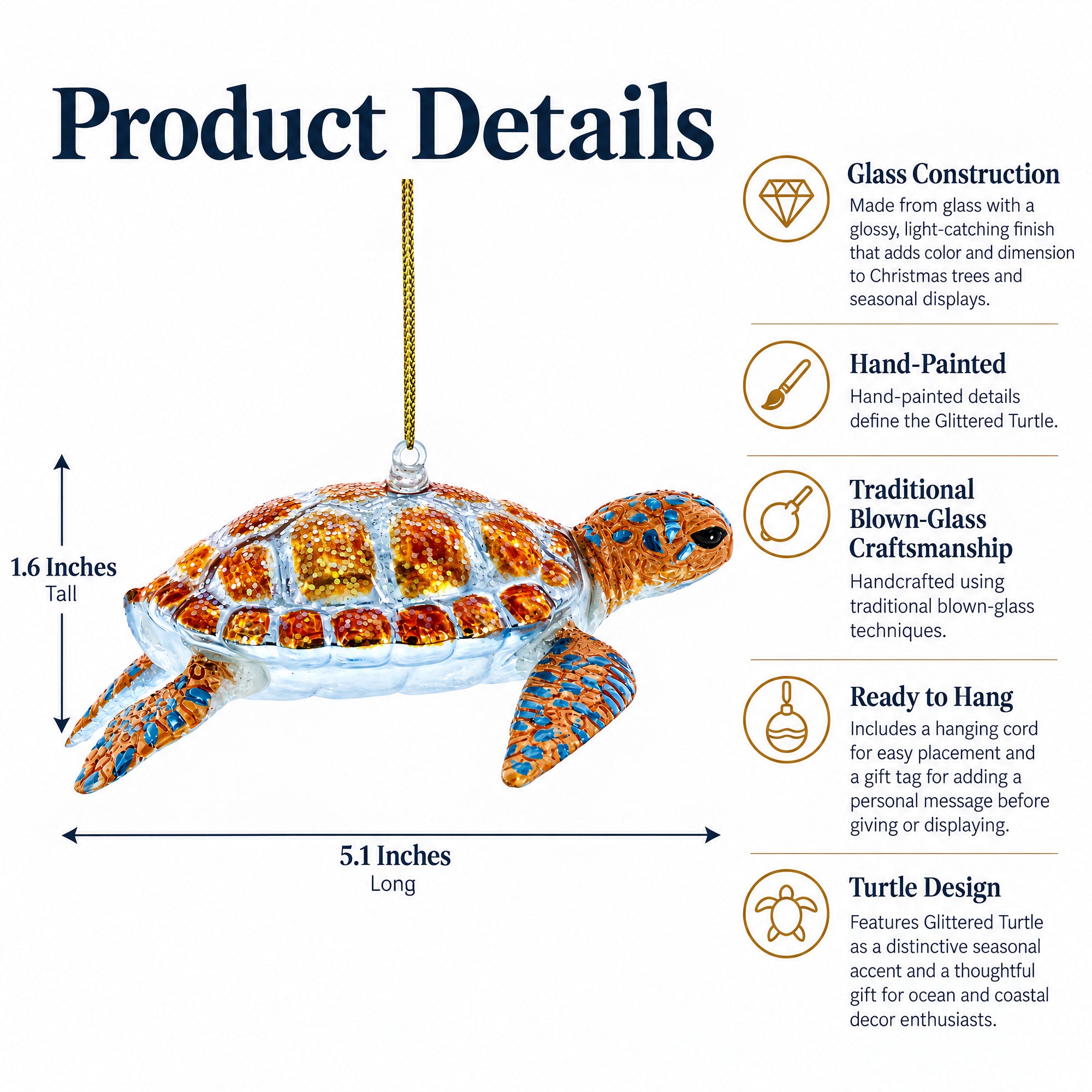 Glittered Turtle Glass Christmas Ornament