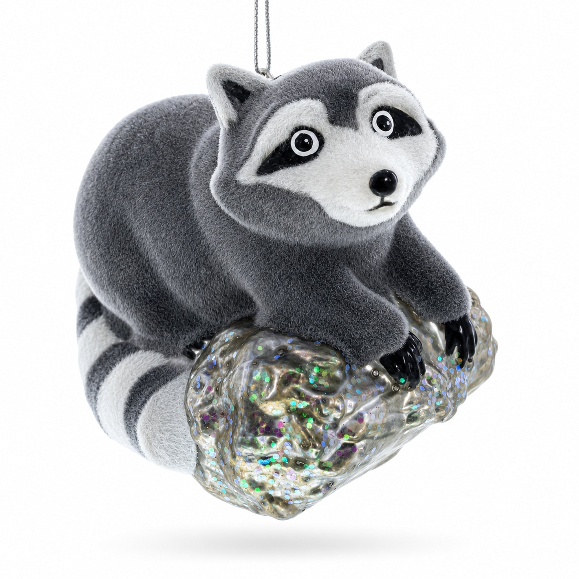 Racoon on a Log Glass Christmas Ornament
