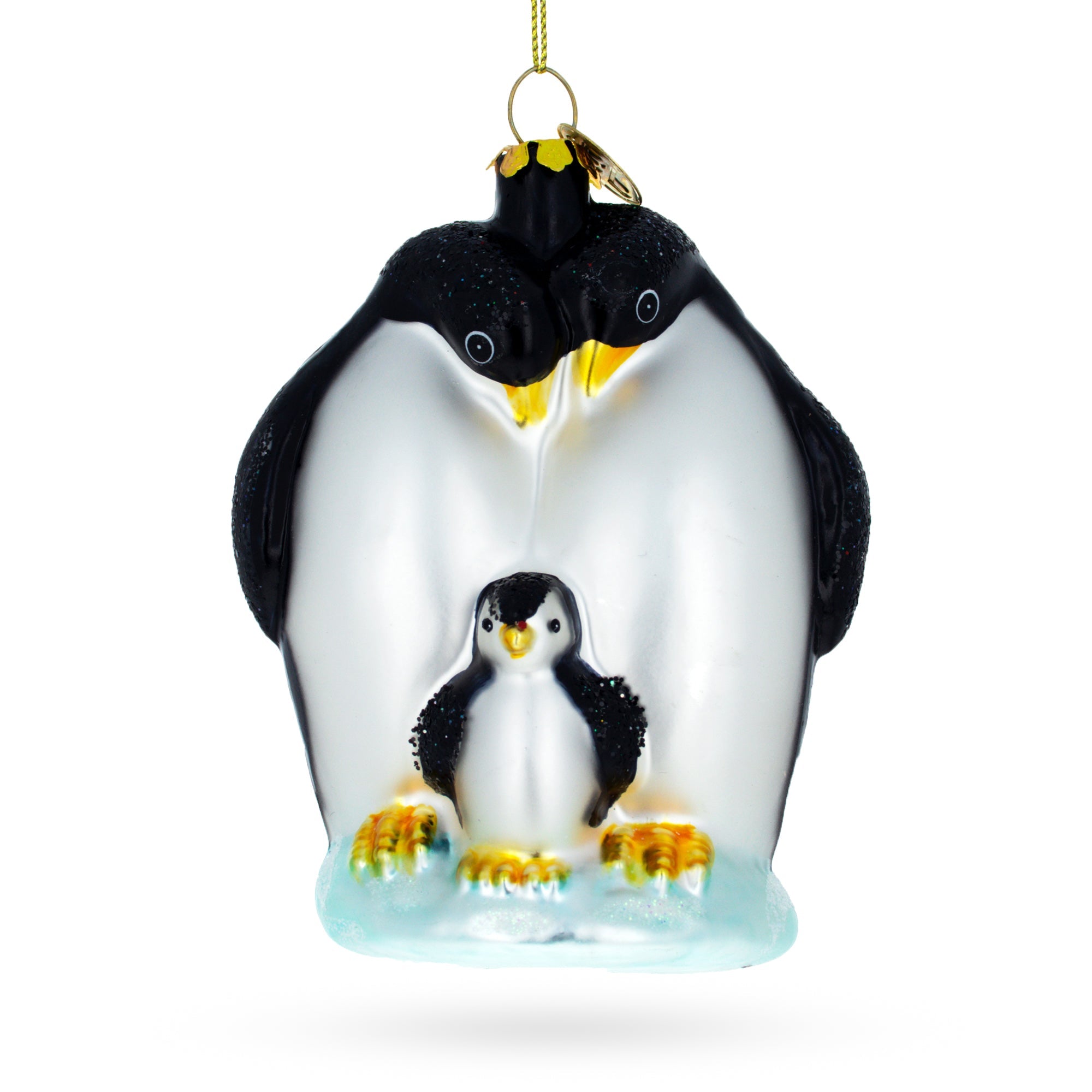 Penguins with Baby Chick Glass Christmas Ornament