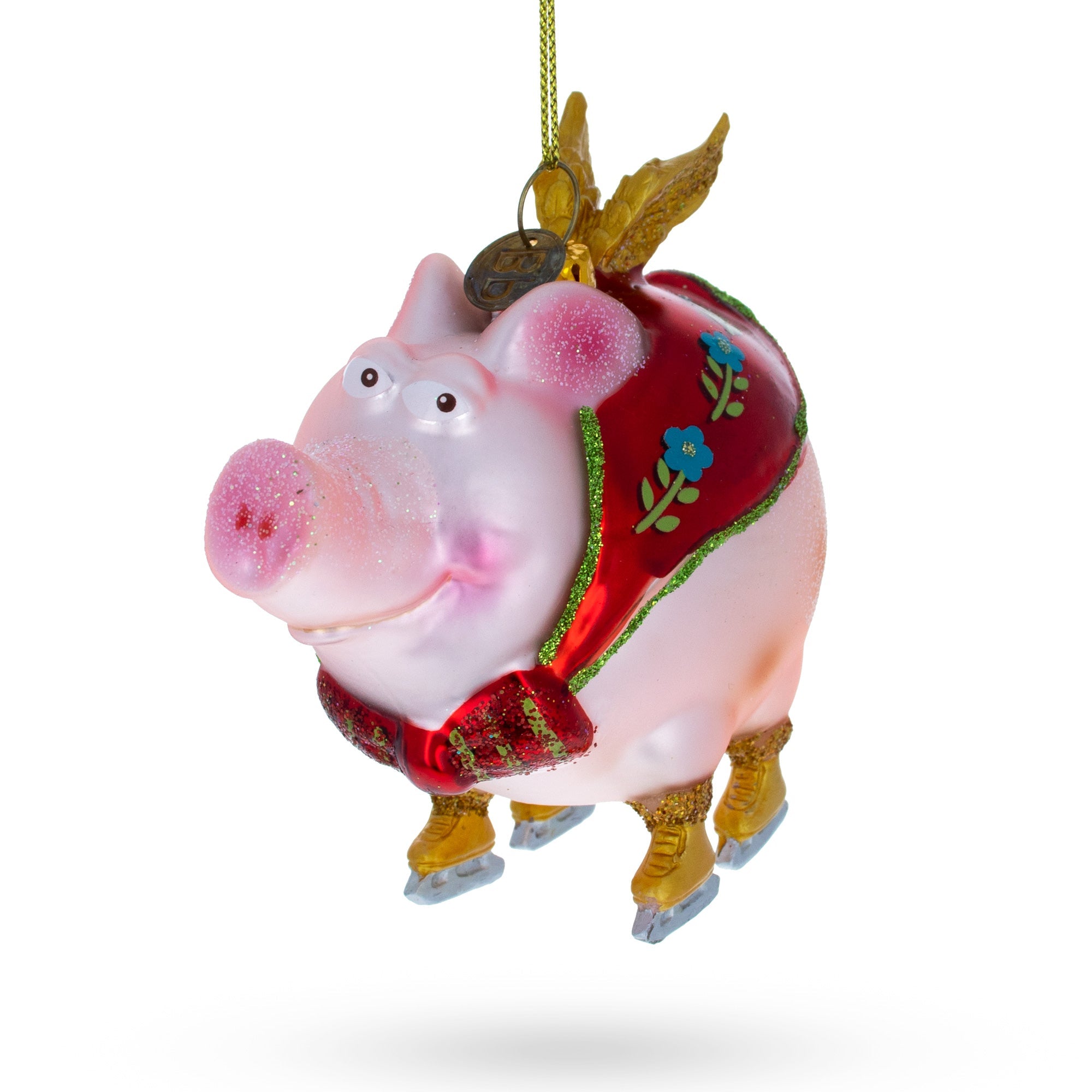 Flying Pig Superhero Glass Christmas Ornament