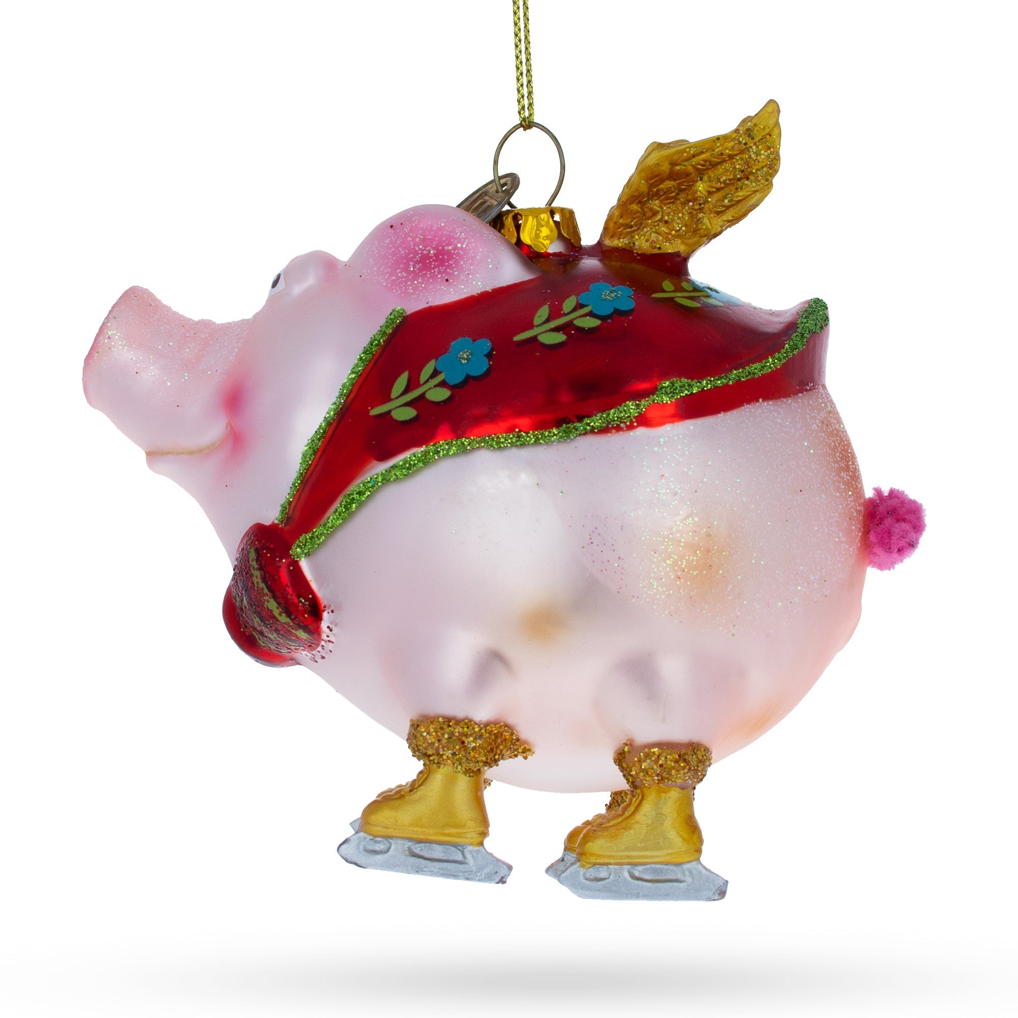 Flying Pig Superhero Glass Christmas Ornament