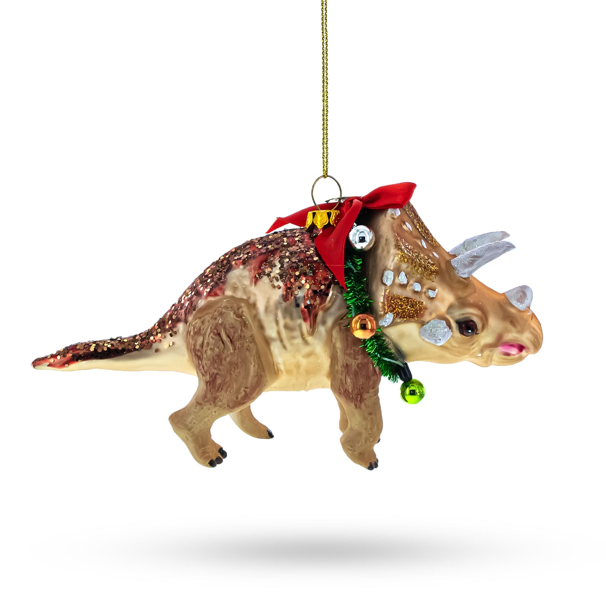 Dinosaur in Wreath Glass Christmas Ornament