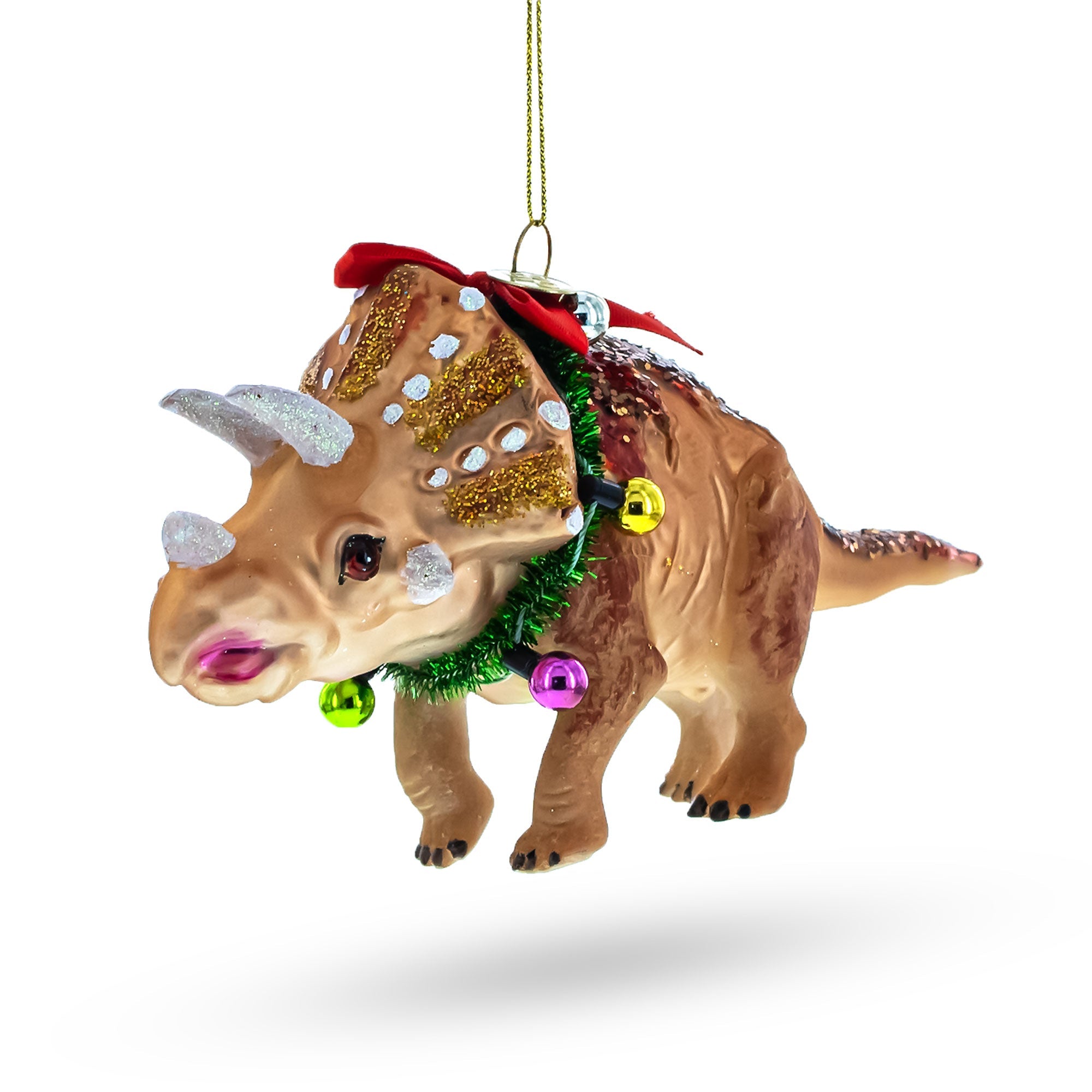 Dinosaur in Wreath Glass Christmas Ornament