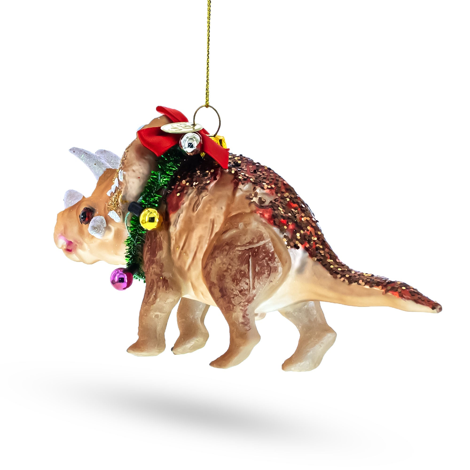 Dinosaur in Wreath Glass Christmas Ornament