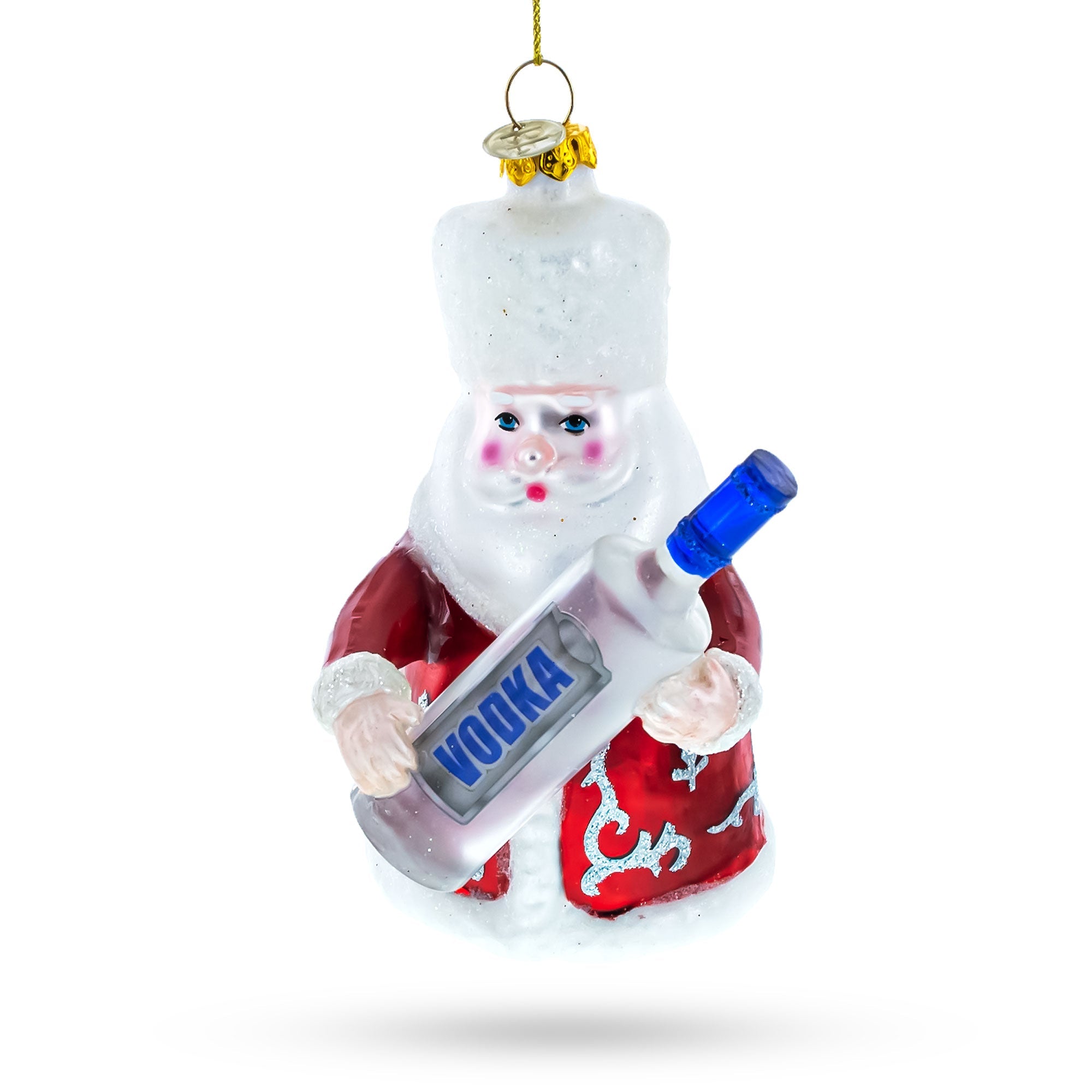 Jolly Santa with Vodka Bottle Glass Christmas Ornament