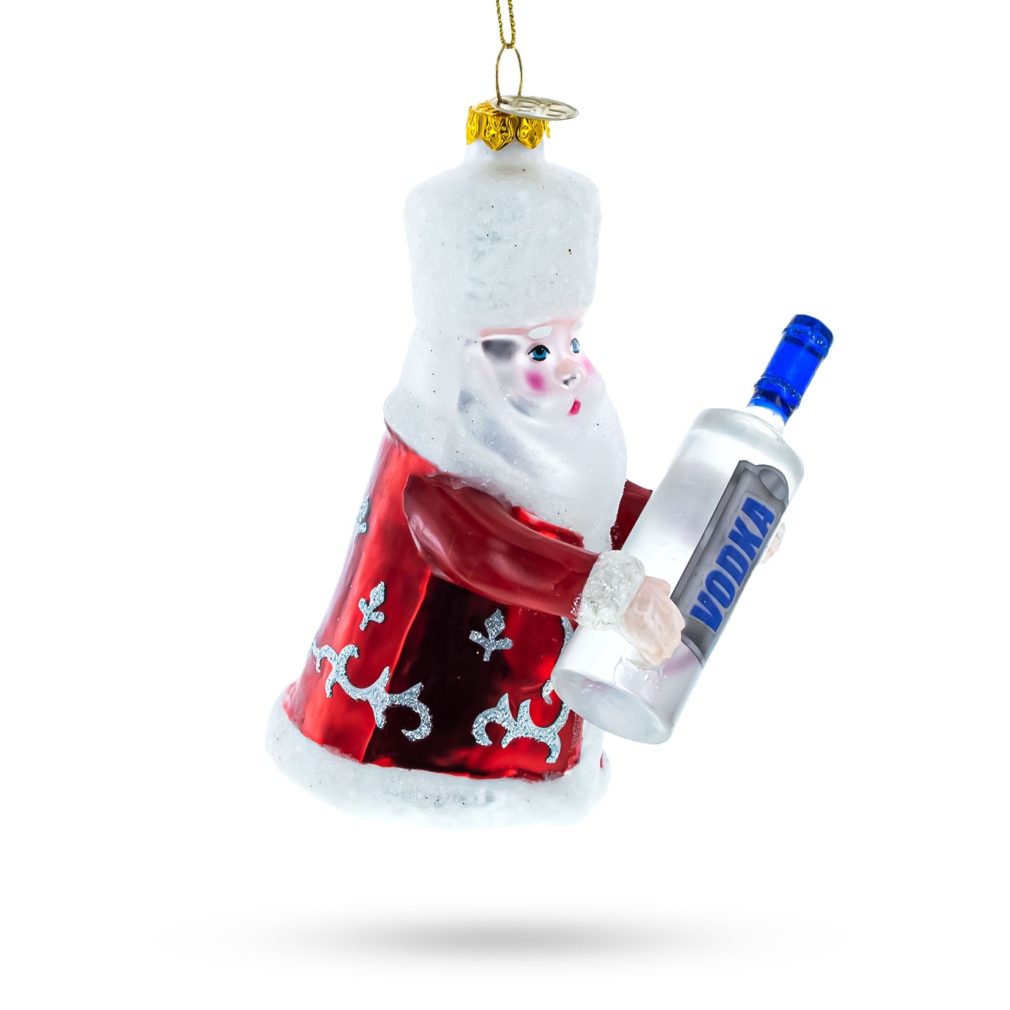 Jolly Santa with Vodka Bottle Glass Christmas Ornament