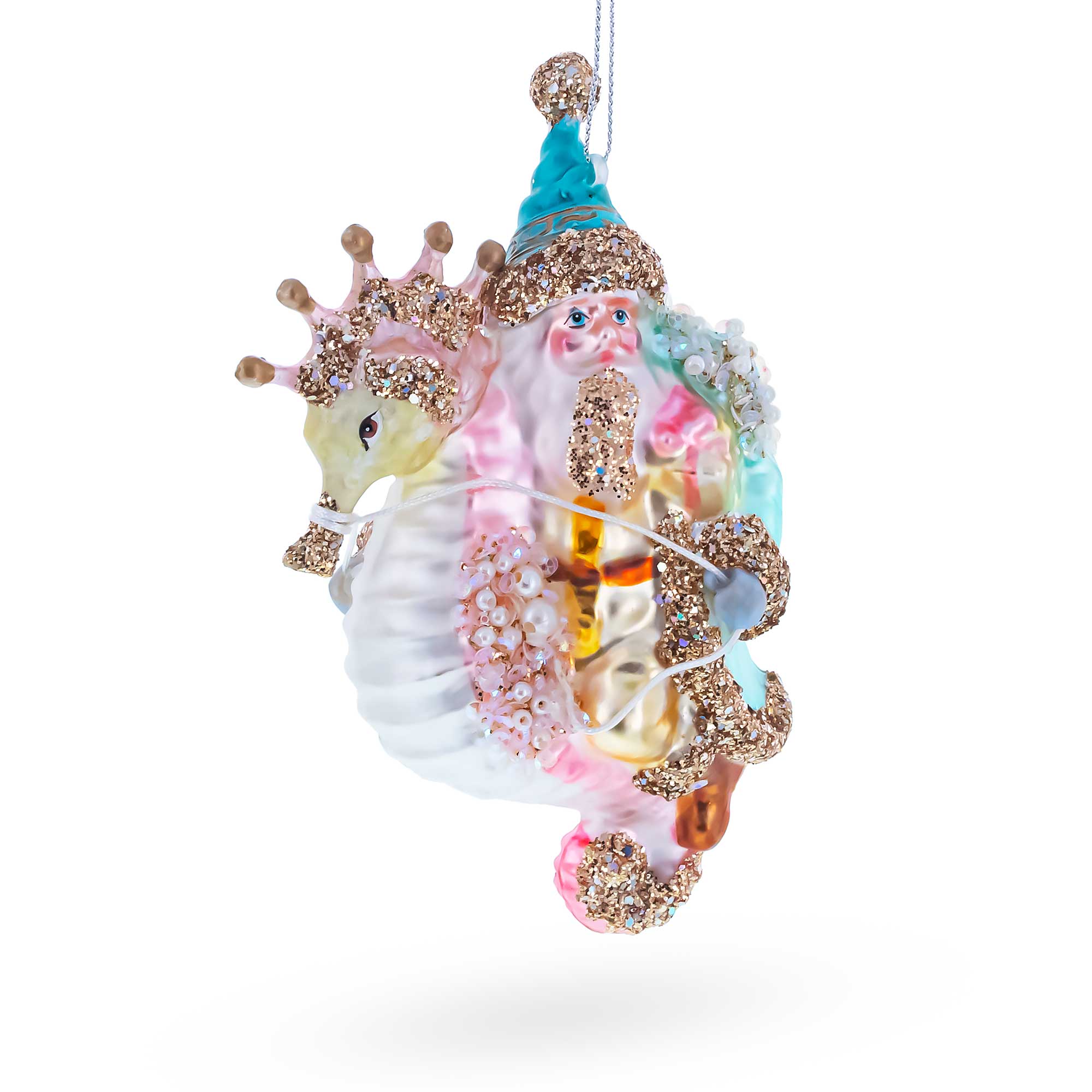 Santa Riding Seahorse Glass Christmas Ornament