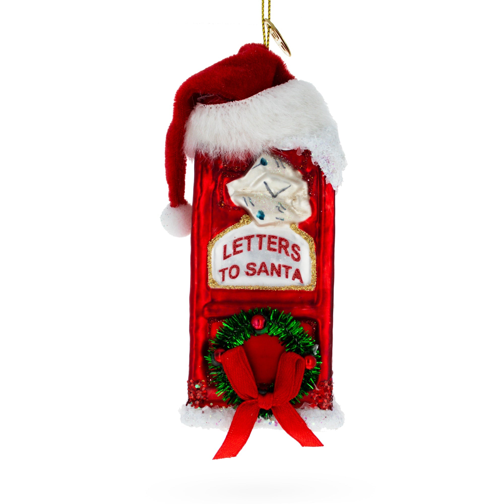 Red Santa Mailbox with Wreath Glass Christmas Ornament