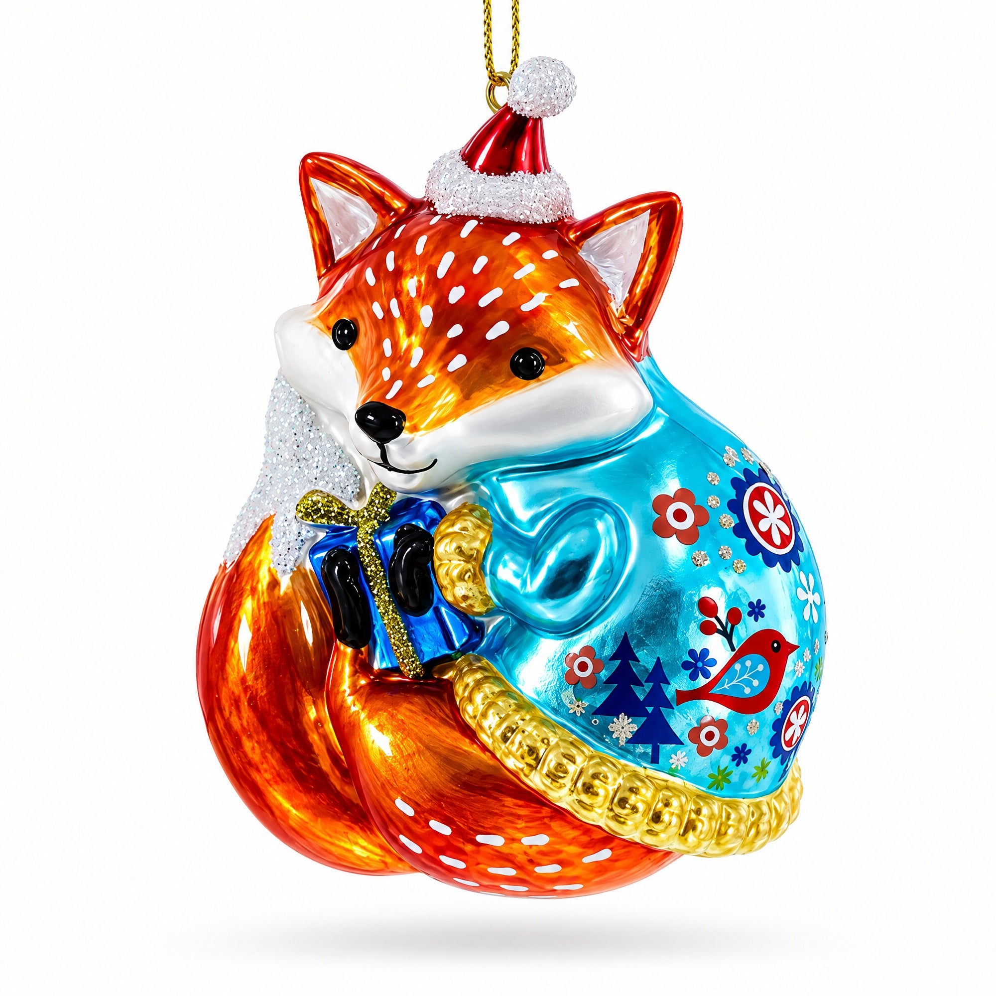 Fox with Gifts Glass Christmas Ornament
