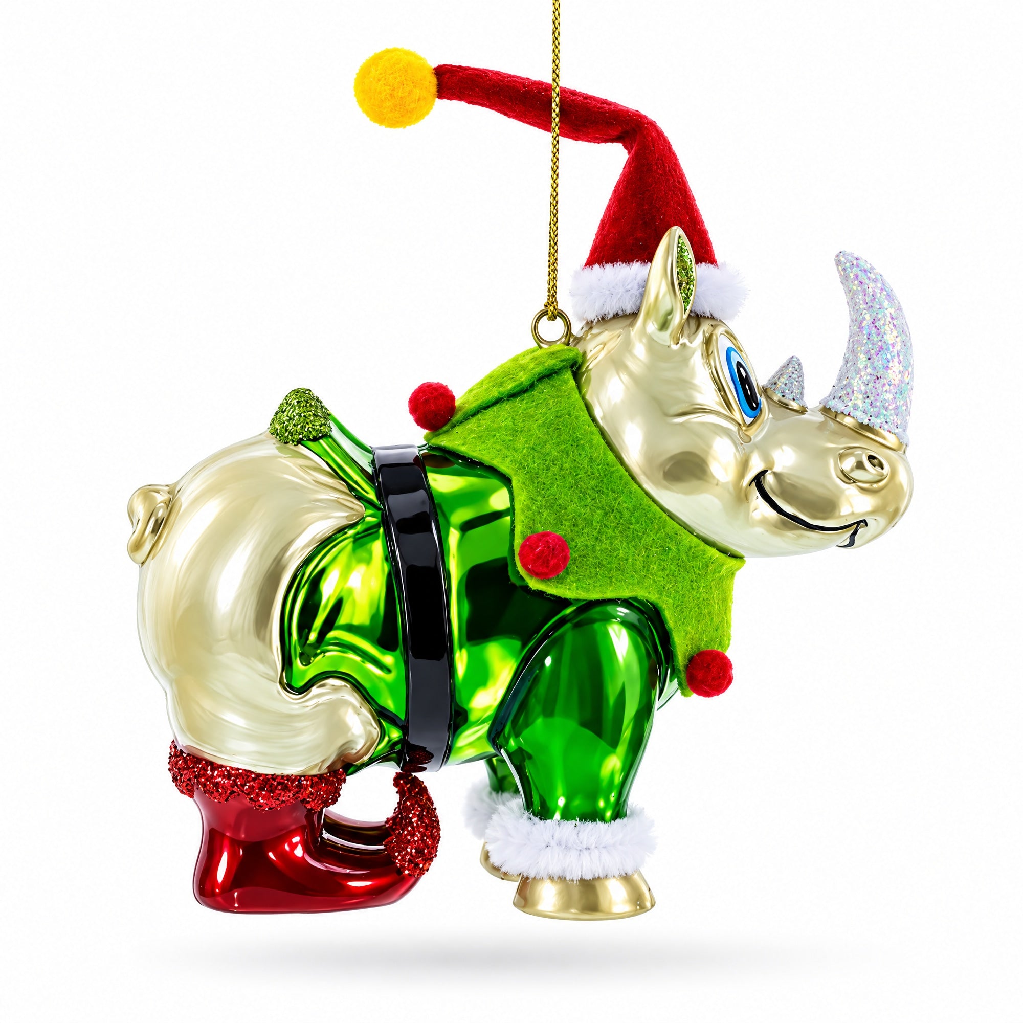 Rhino in Santa Hat Glass Christmas Ornament
