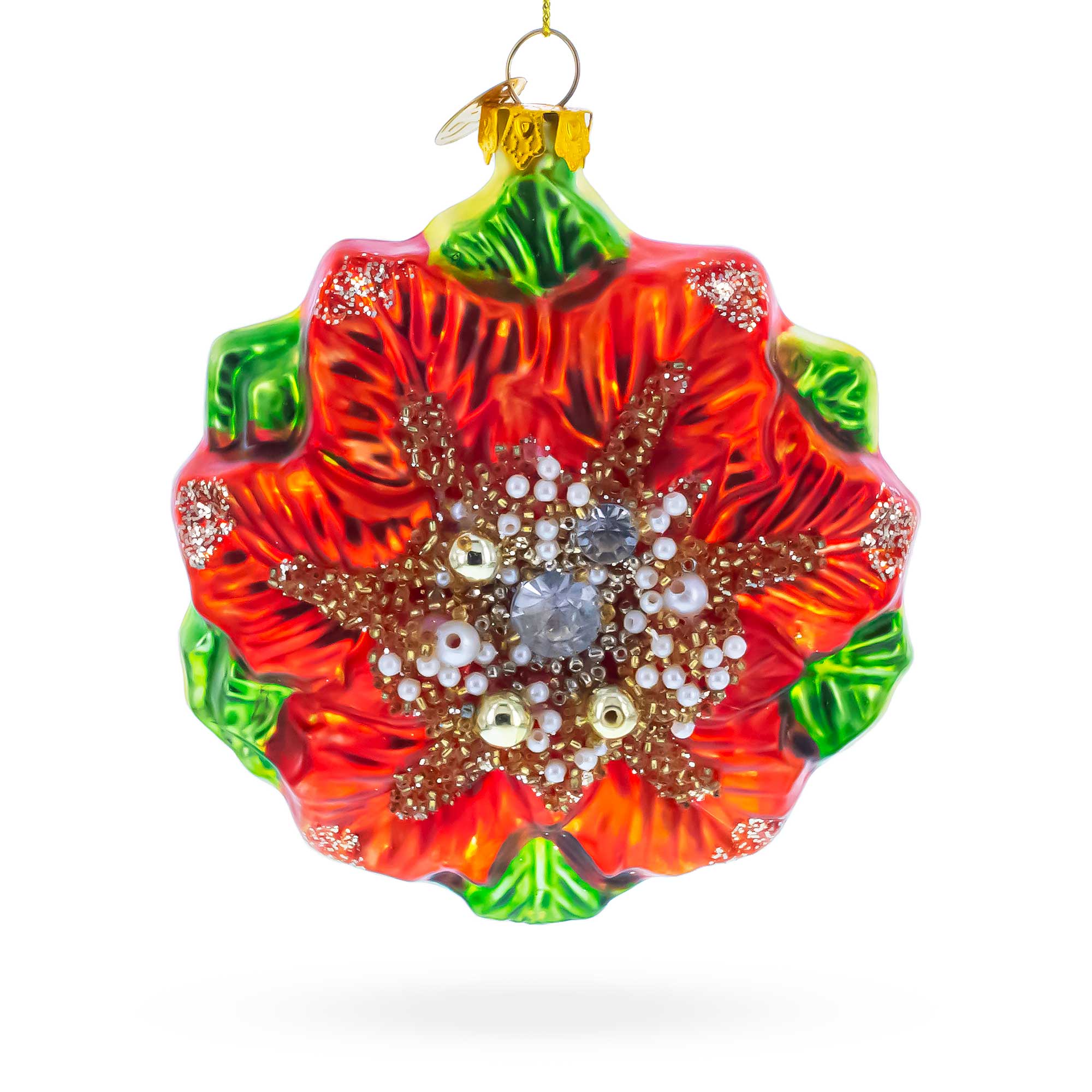Poinsettia with Mother of Pearls Glass Christmas Ornament