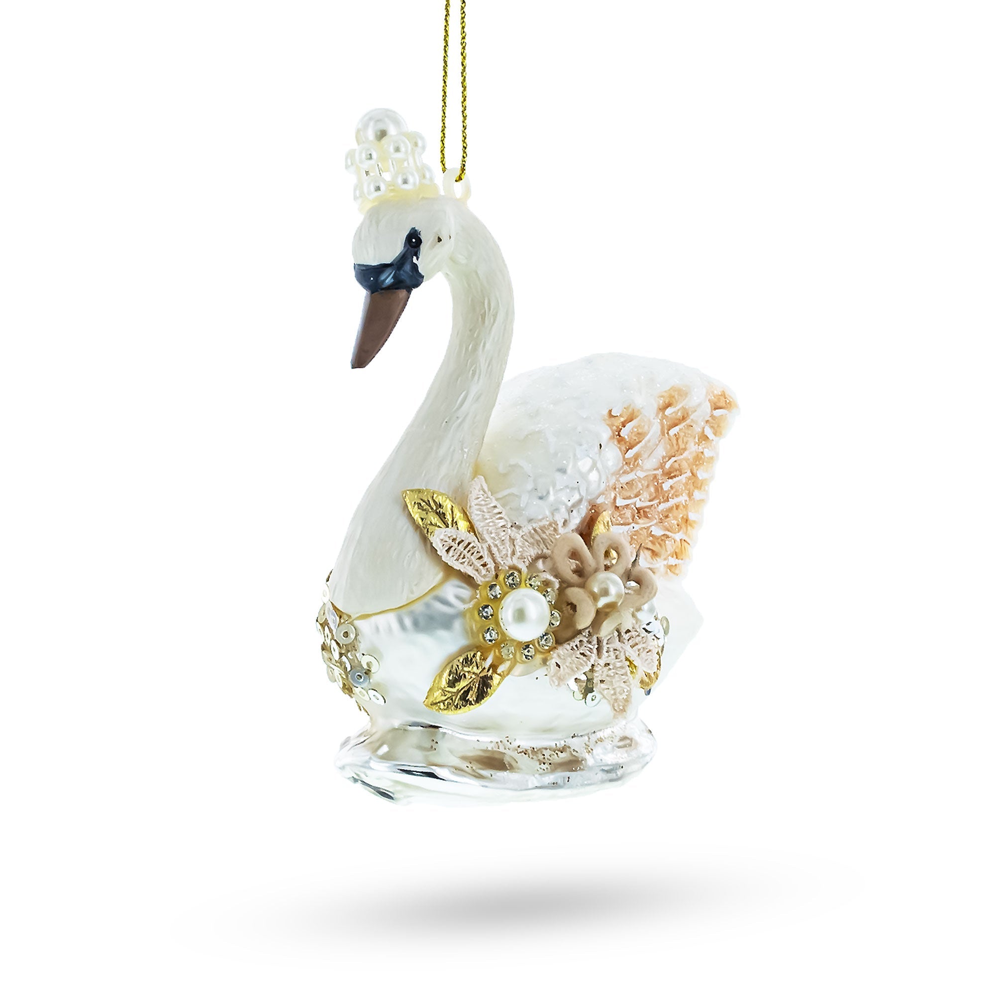 Royal Swan Adorned with Pearls Glass Christmas Ornament