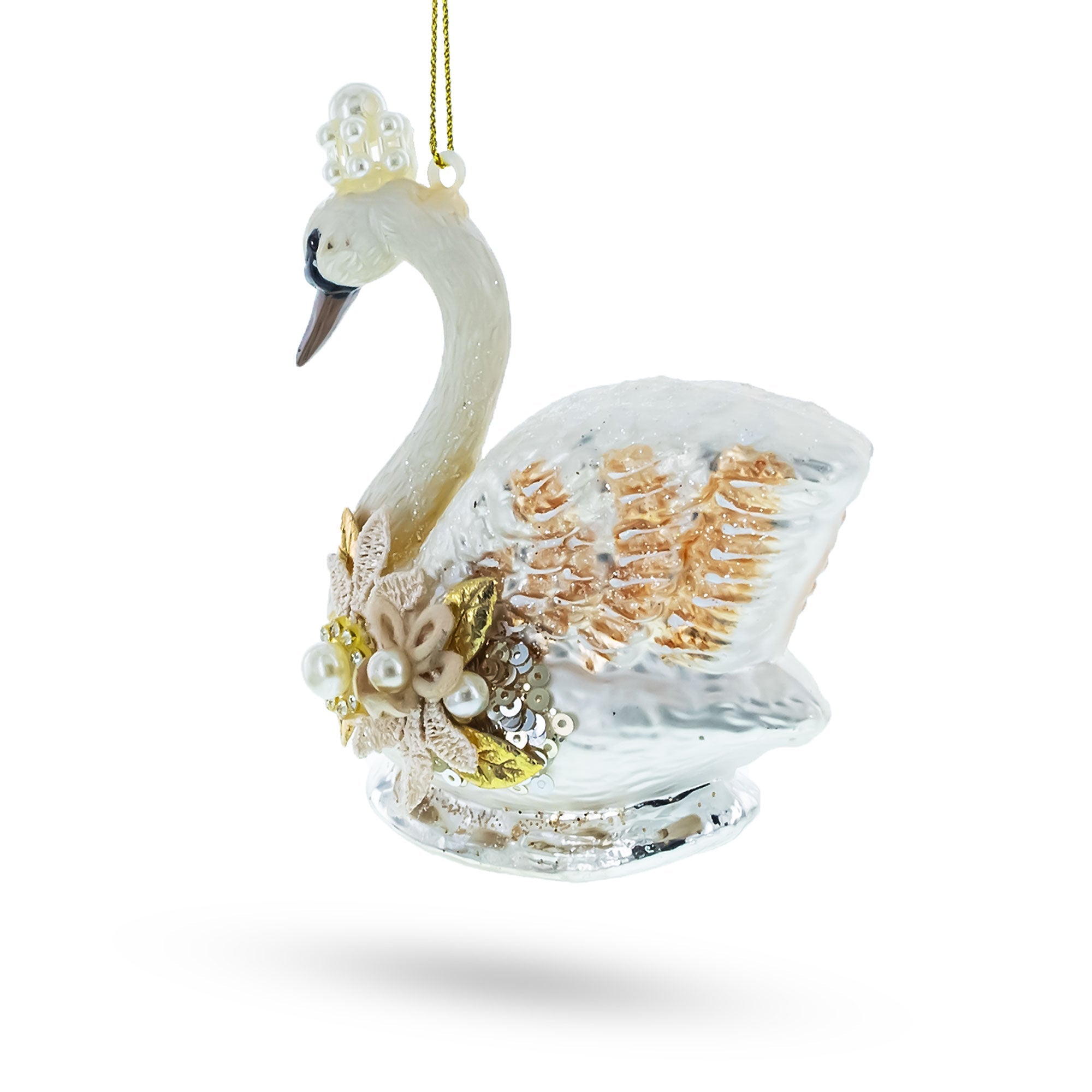 Royal Swan Adorned with Pearls Glass Christmas Ornament