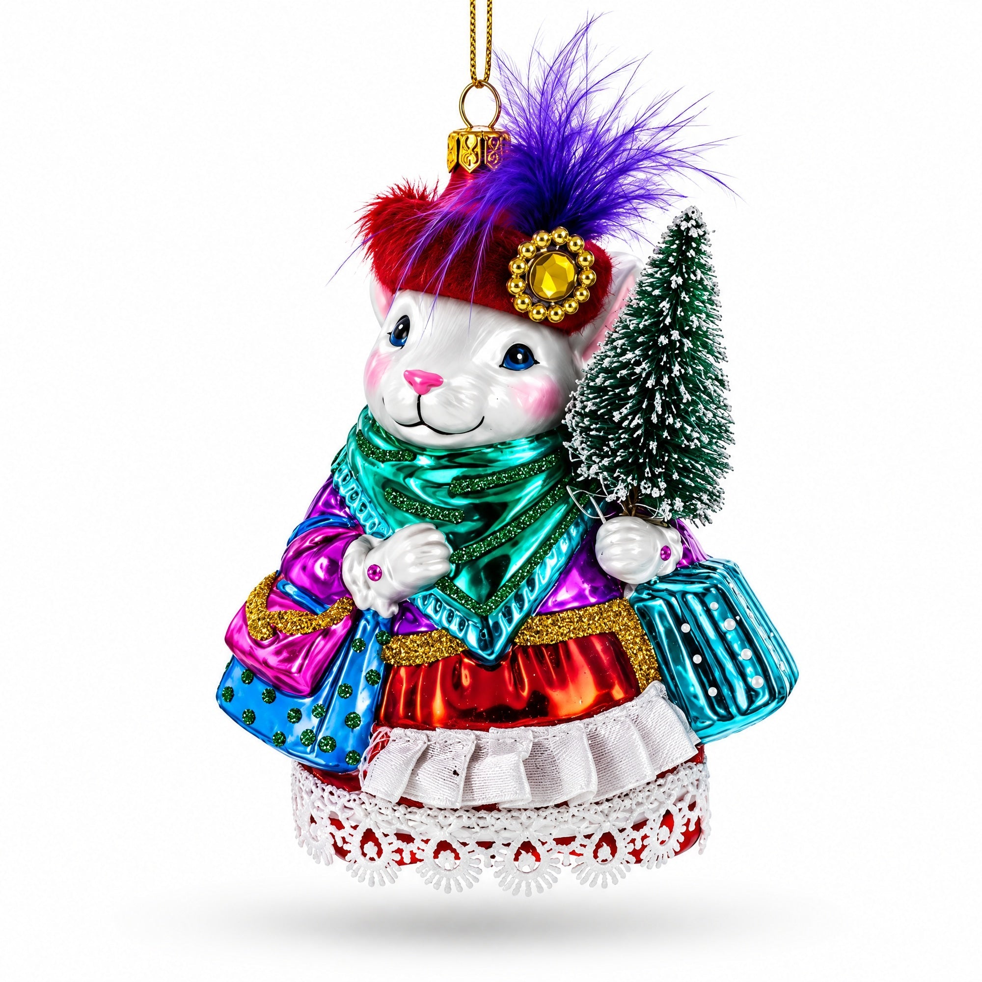 Mouse with Tree and Gifts Glass Christmas Ornament